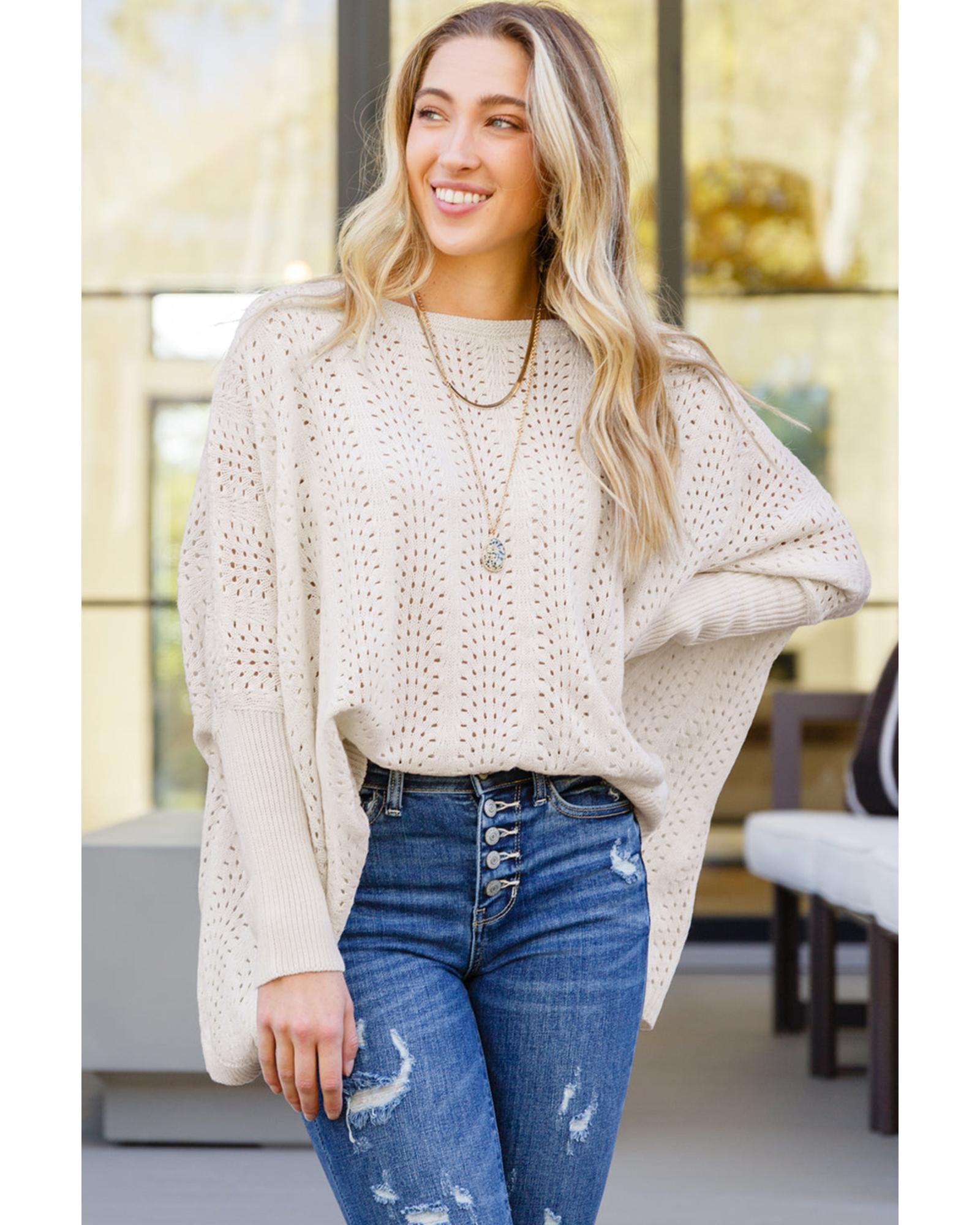 V539-AZEXDC2723681-15-L-202508300535-00 Beige Ribbed Hollow Knit Dolman Sleeve Sweater - L - Image 1