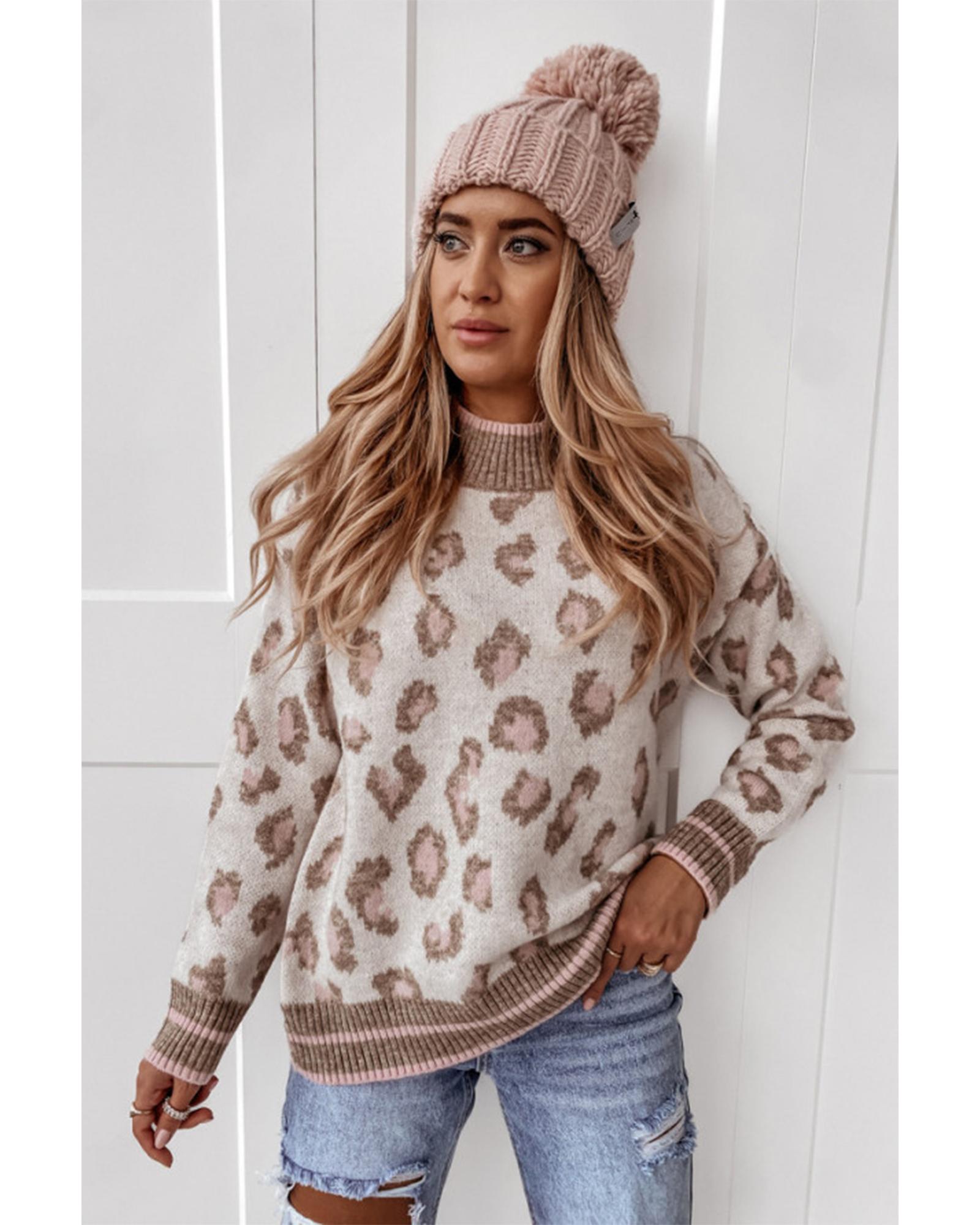 V539-AZEXDC2723742-P17-XL-202508281905-00 Brown Two-tone Ribbed Trim Contrast Leopard Sweater - XL - Image 1