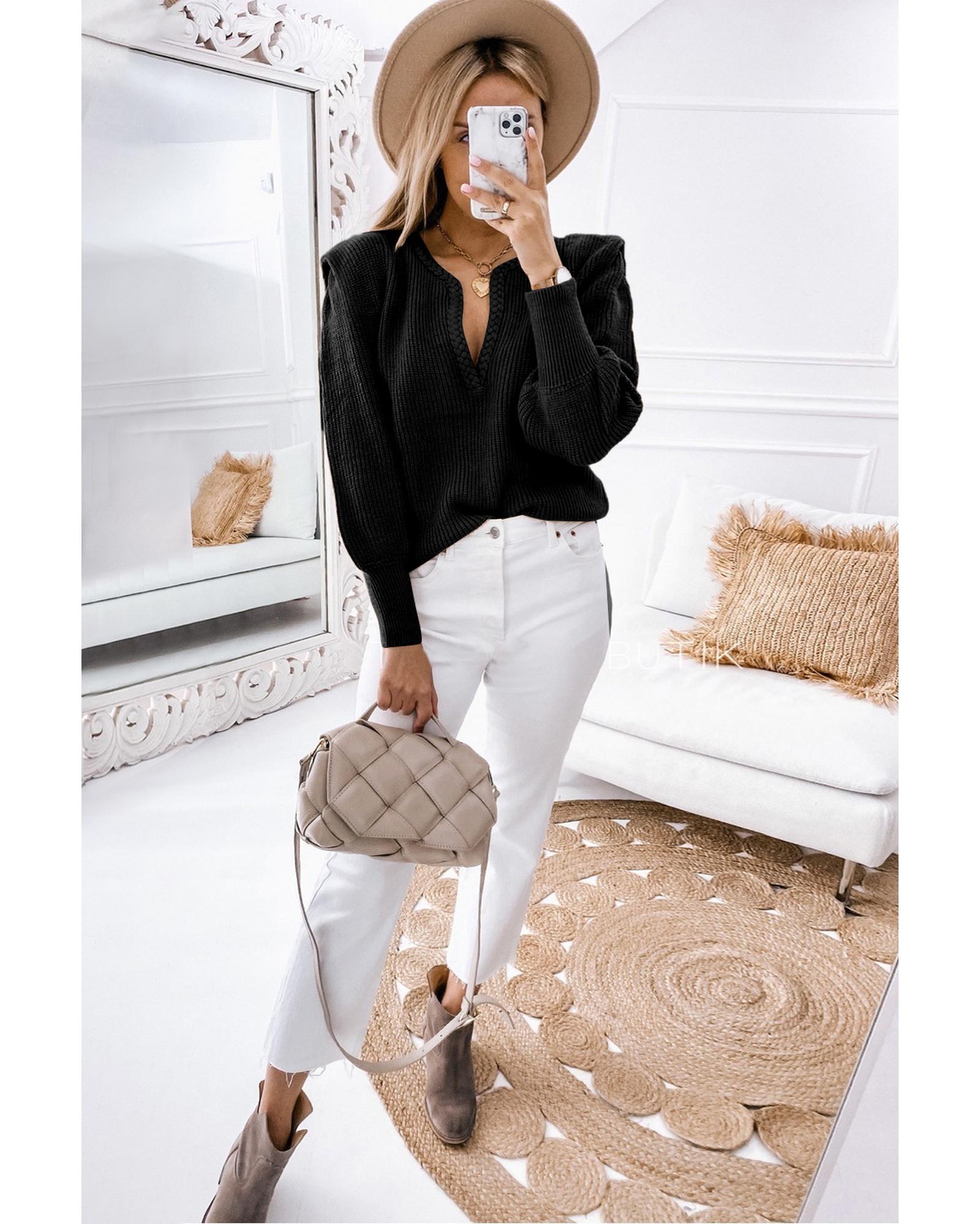 V539-AZEXDC2723743-P2-L-202506140126-00 Black Braided Notched V Neckline Puff Sleeve Knitted Sweater - L - Image 1