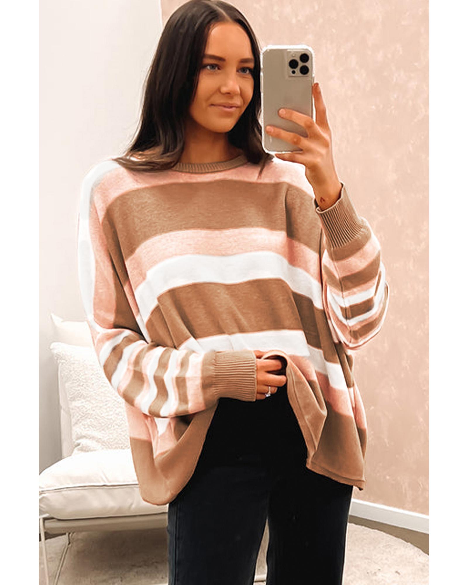 V539-AZEXDC2723896-P22-XL-202508281240-00 Multicolour Striped Knit Drop Shoulder Loose Sweater - XL - Image 1