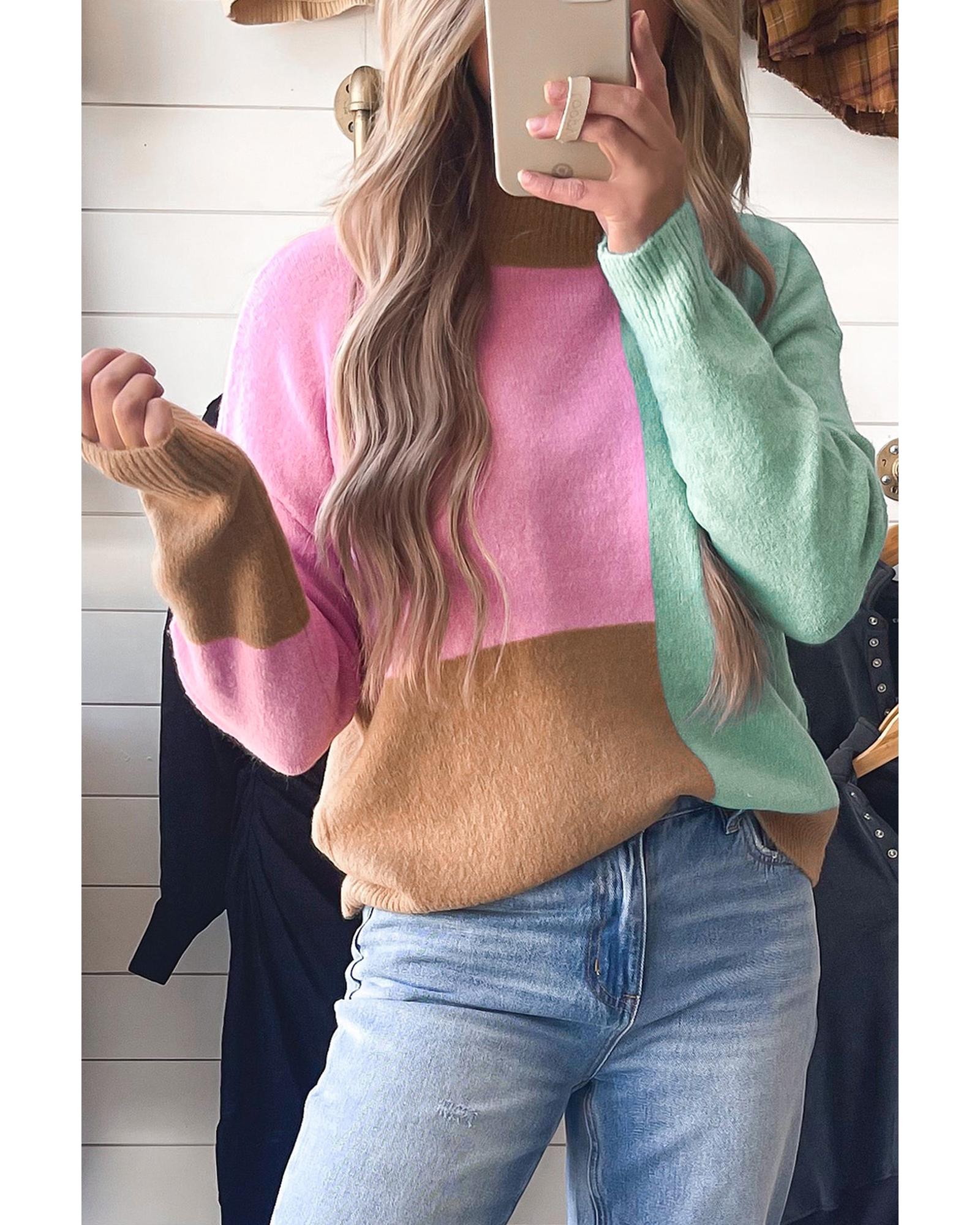 V539-AZEXDC2723932-P22-M-202506140206-00 Multicolour Colorblock Mock Neck Ribbed Trim Sweater - M - Image 1