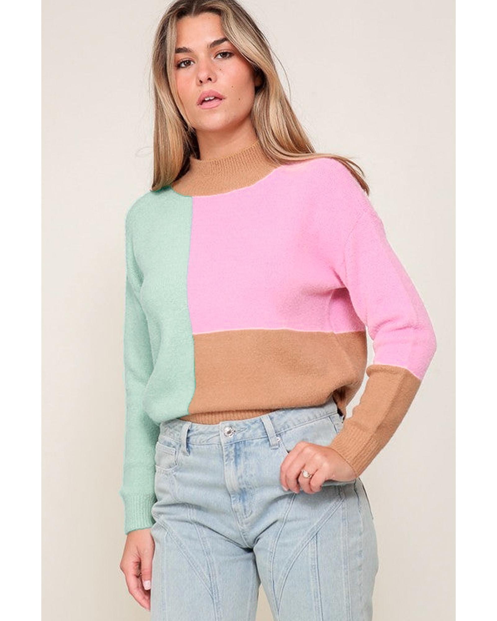 V539-AZEXDC2723932-P22-XL-202508290115-00 Multicolour Colorblock Mock Neck Ribbed Trim Sweater - XL - Image 1