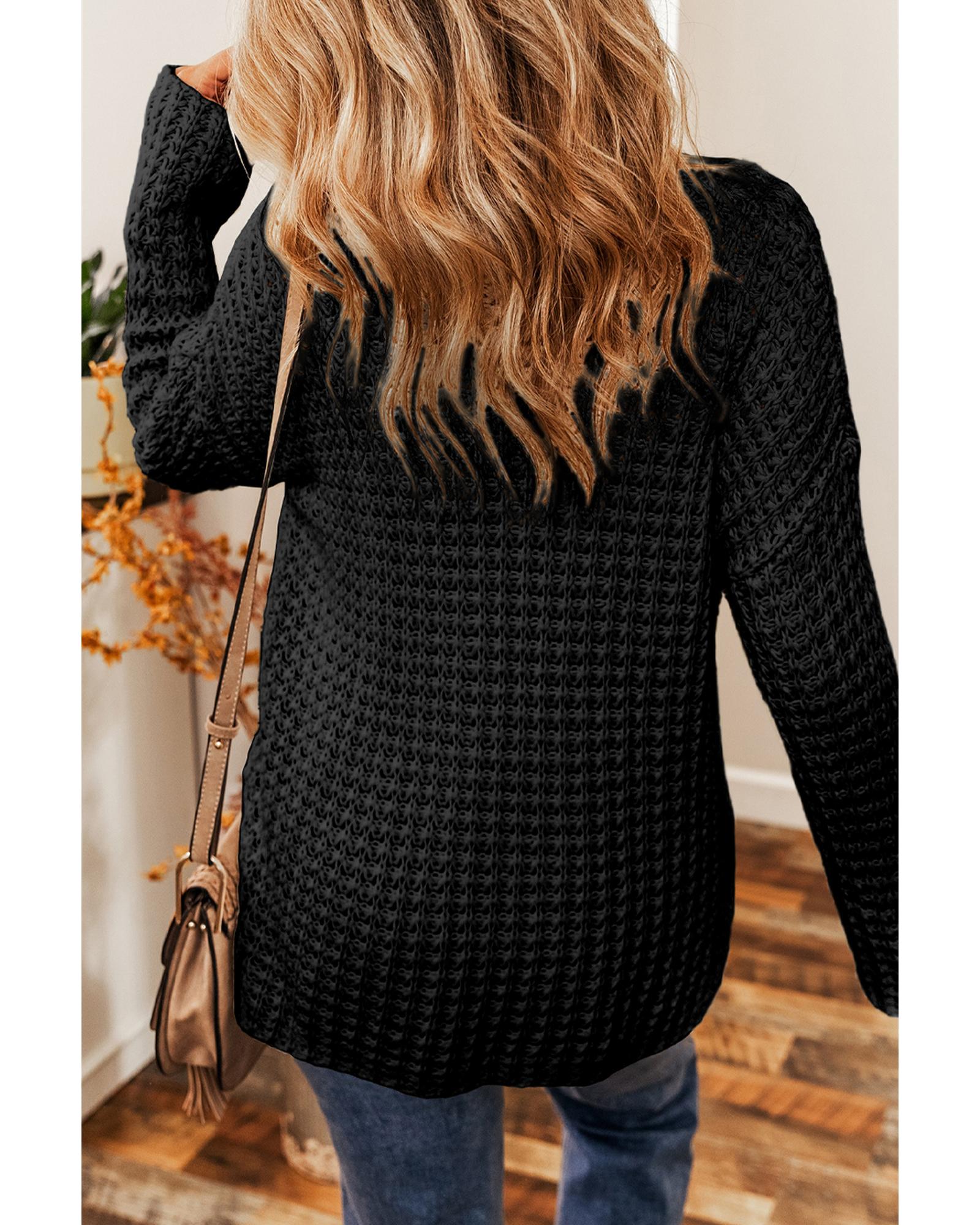V539-AZEXDC2724017-P2-M-202508281805-00 Black Hollow-out Crochet V Neck Sweater - M - Image 1