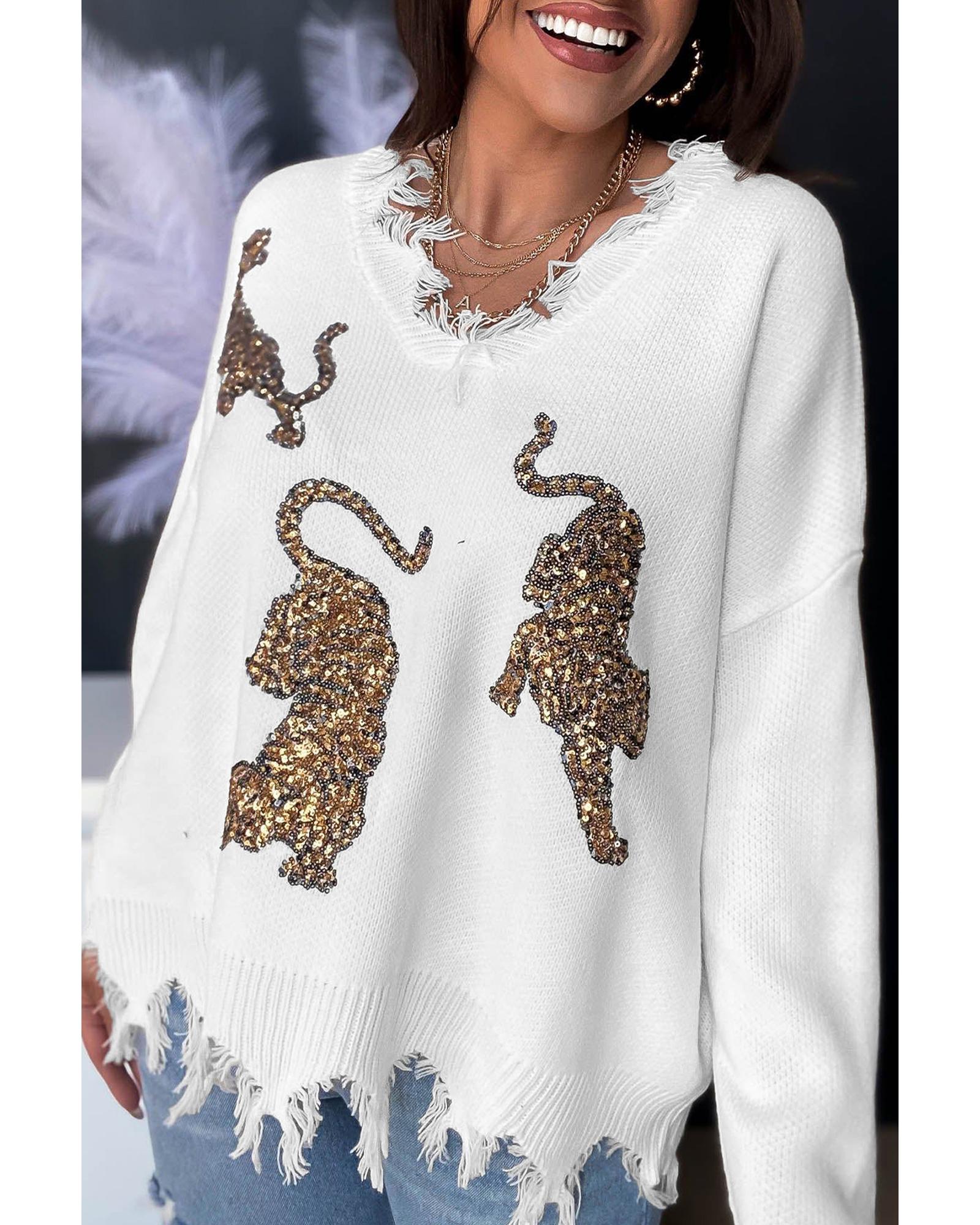 V539-AZEXDC2724033-P1-S-202508290200-00 White Frayed Sequin Tiger Sweater - S - Image 1