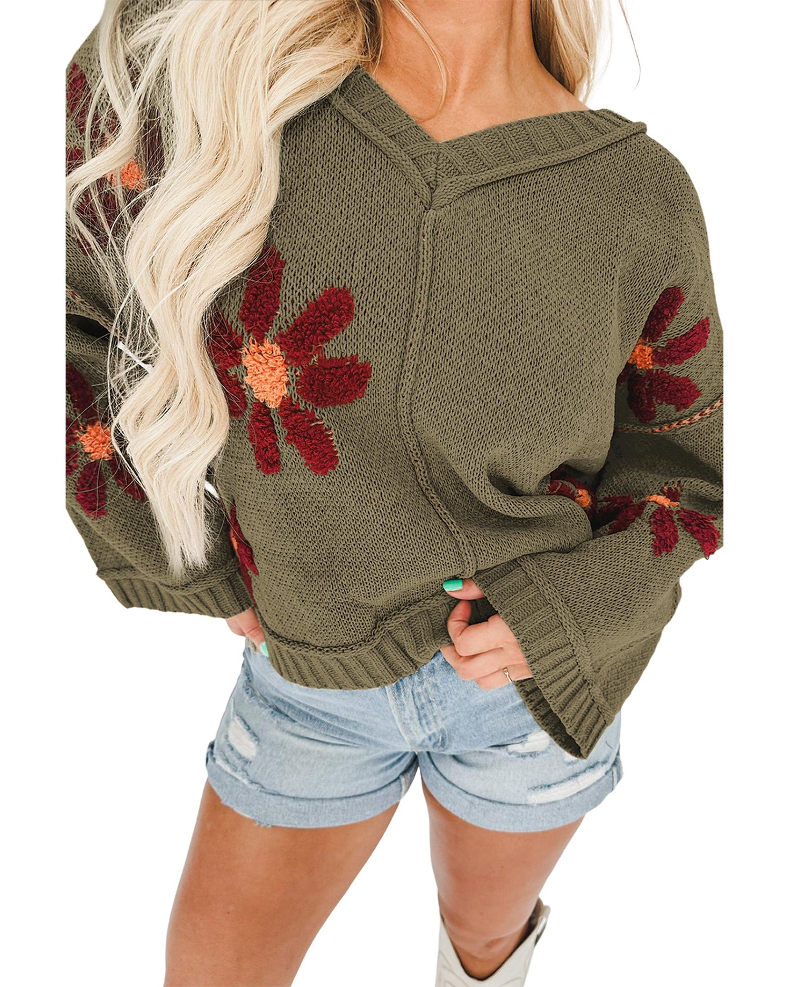 V539-AZEXDC2724057-P909-S-202508292025-00 Sage Green Flower Knit Ribbed Trim V Neck Sweater - S - Image 1