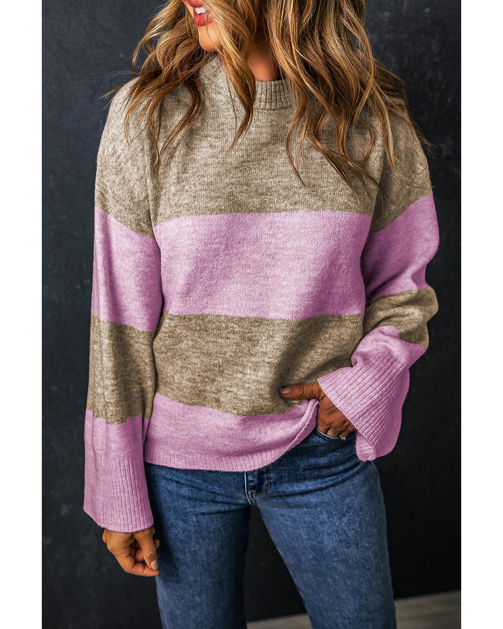 V539-AZEXDC2724165-P619-XL-202508300525-00 Rose Stripe Crew Neck Wide Sleeve Colorblock Sweater - XL - Image 1