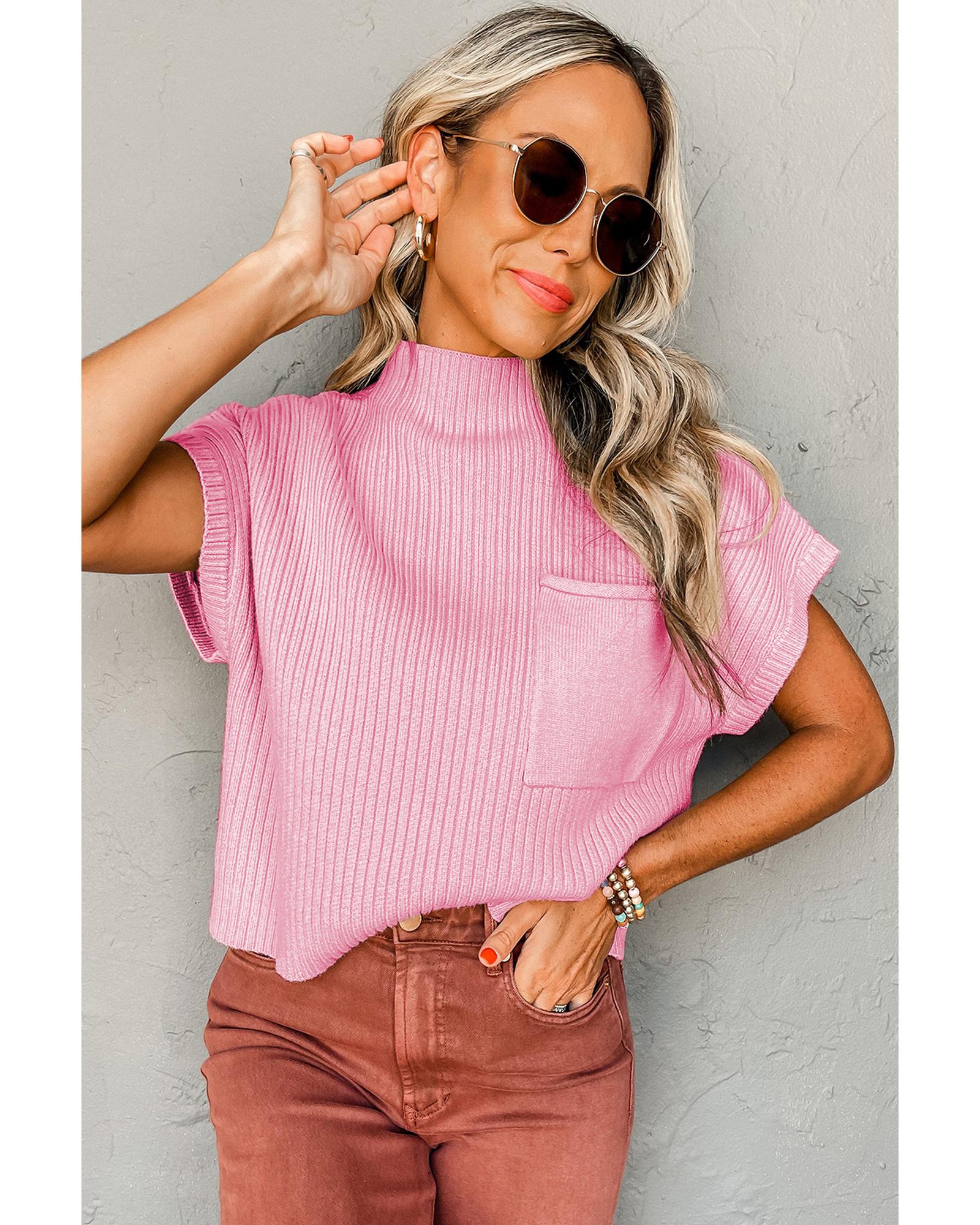 V539-AZEXDC2724250-P10-XL-202508300110-00 Pink Patch Pocket Ribbed Knit Short Sleeve Sweater - XL - Image 1