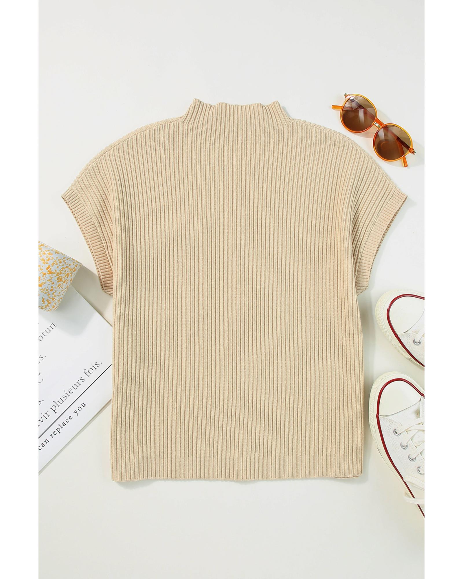 V539-AZEXDC2724250-P1015-S-202508291655-00 Oatmeal Patch Pocket Ribbed Knit Short Sleeve Sweater - S - Image 1