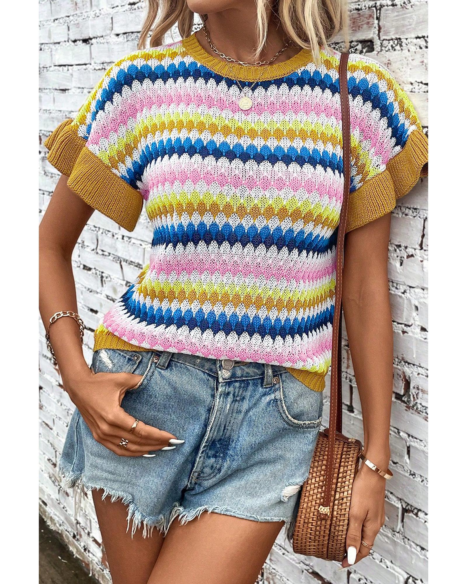 V539-AZEXDC2724522-P1622-S-202506140030-00 Khaki Trimmed Ruffle Sleeve Colorful Textured Sweater - S - Image 1