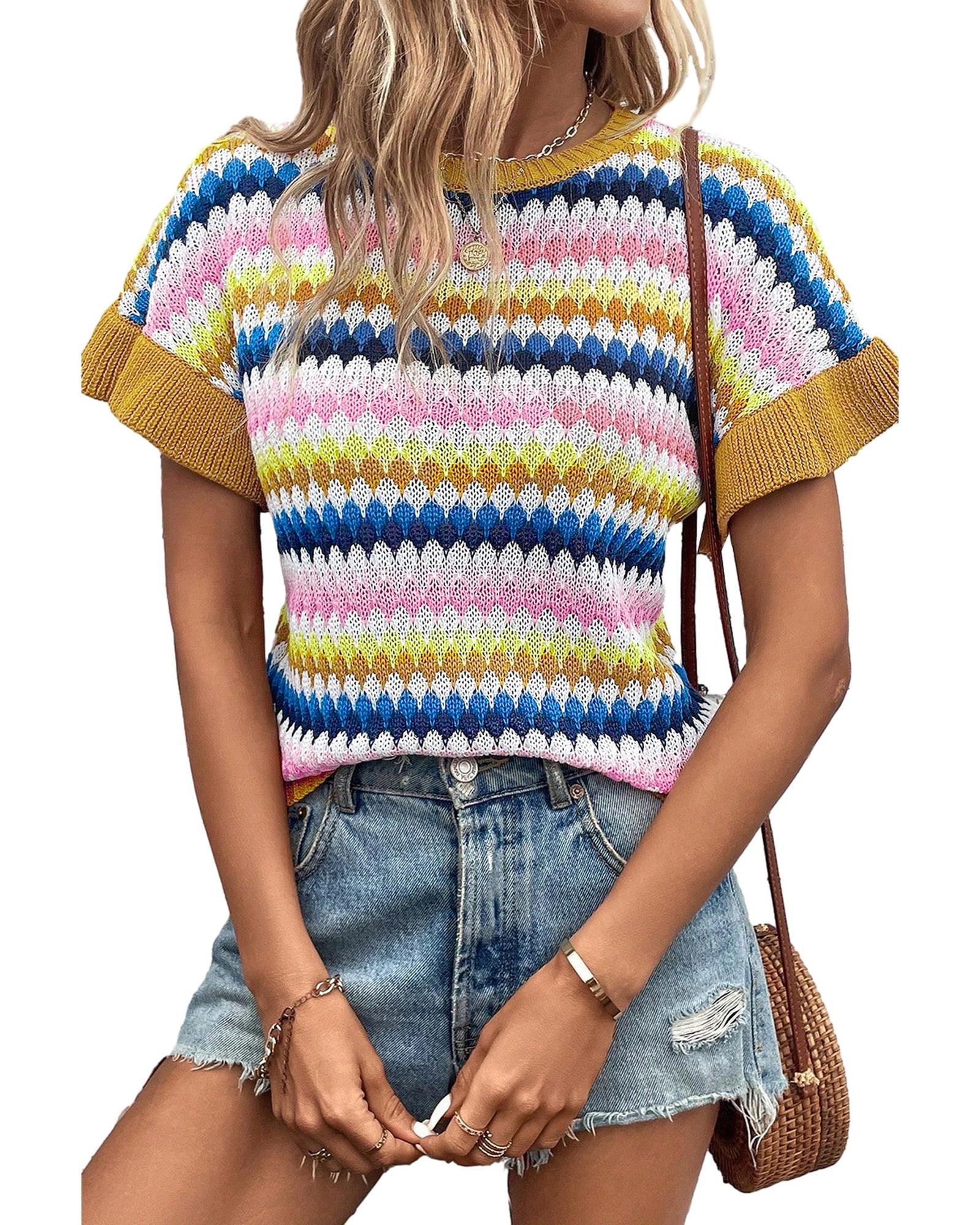 V539-AZEXDC2724522-P1622-XL-202508282125-00 Khaki Trimmed Ruffle Sleeve Colorful Textured Sweater - XL - Image 1