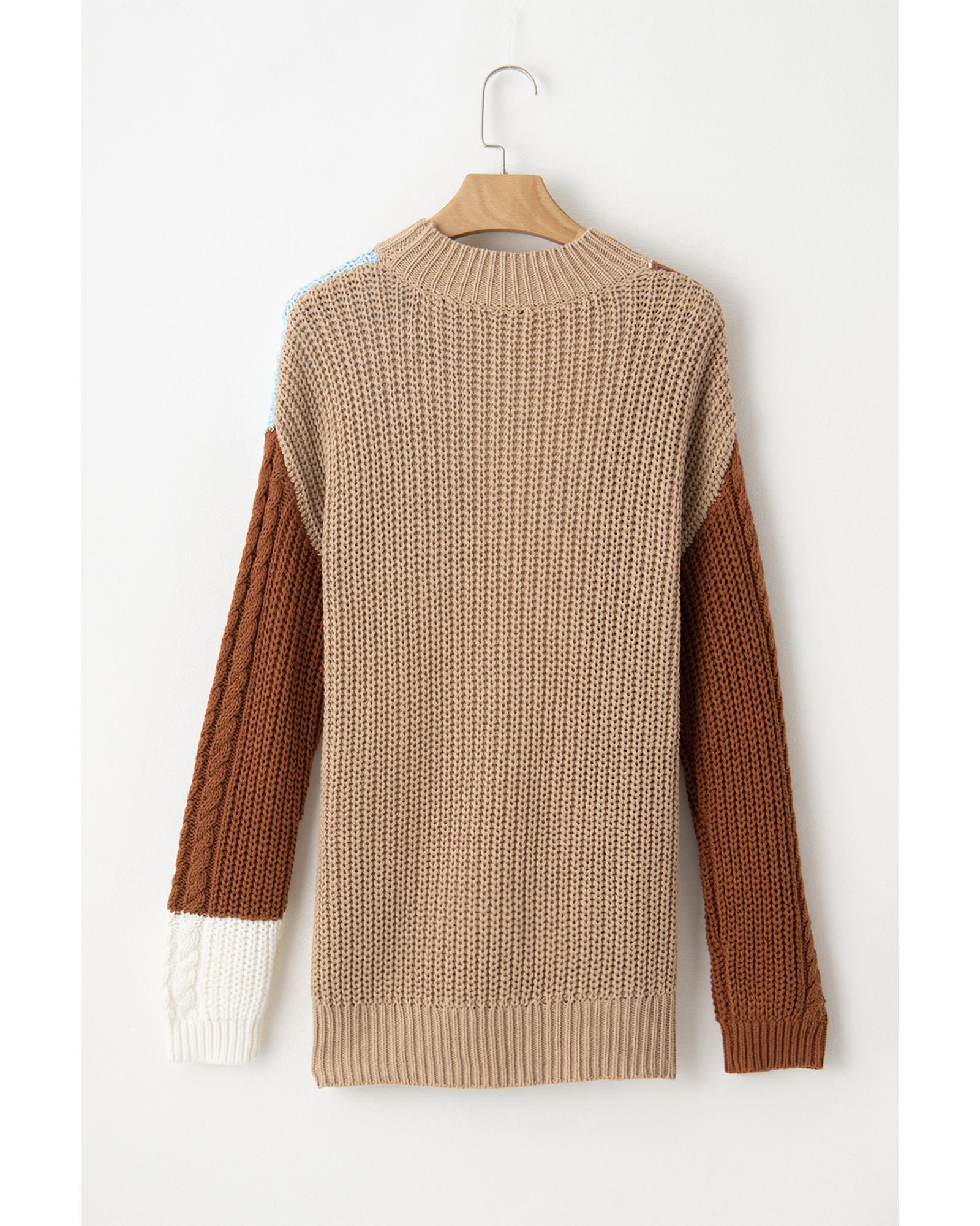 V539-AZEXDC2724666-P1622-XL-202508291735-00 Khaki Mix Textured Knit Colorblock Patchwork Sweater - XL - Image 1