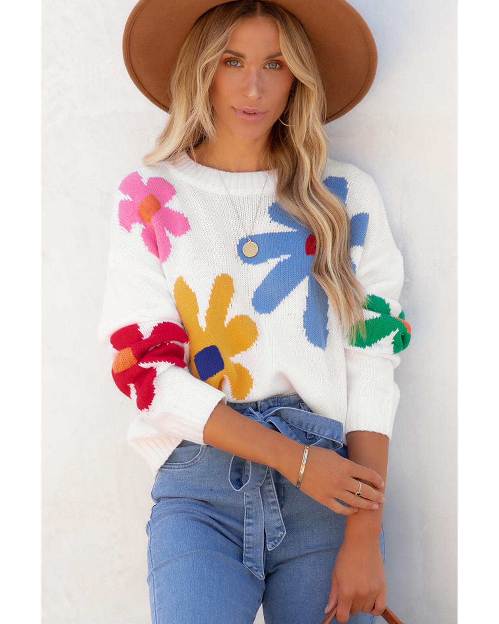 V539-AZEXDC2724673-P120-S-202506140120-00 White Colorful Big Flower Pattern Crewneck Sweater - S - Image 1