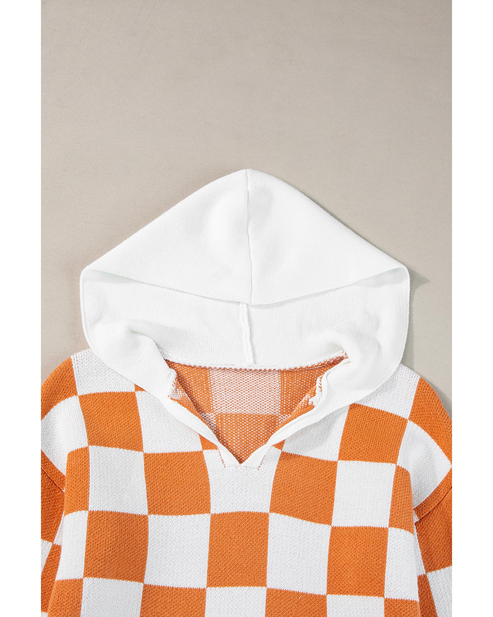 V539-AZEXDC2724684-P5014-S-202506140126-00 Gold Flame Checkered Split Neck Contrast Kangaroo Pocket Hooded Sweater - S - Image 1
