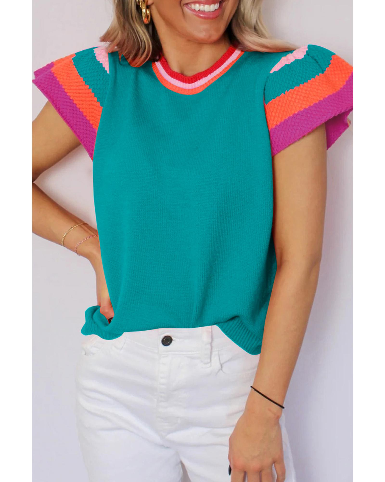V539-AZEXDC2724732-P404-L-202508300000-00 Turquoise Contrast Flutter Sleeves Knitted Sweater T Shirt - L - Image 1