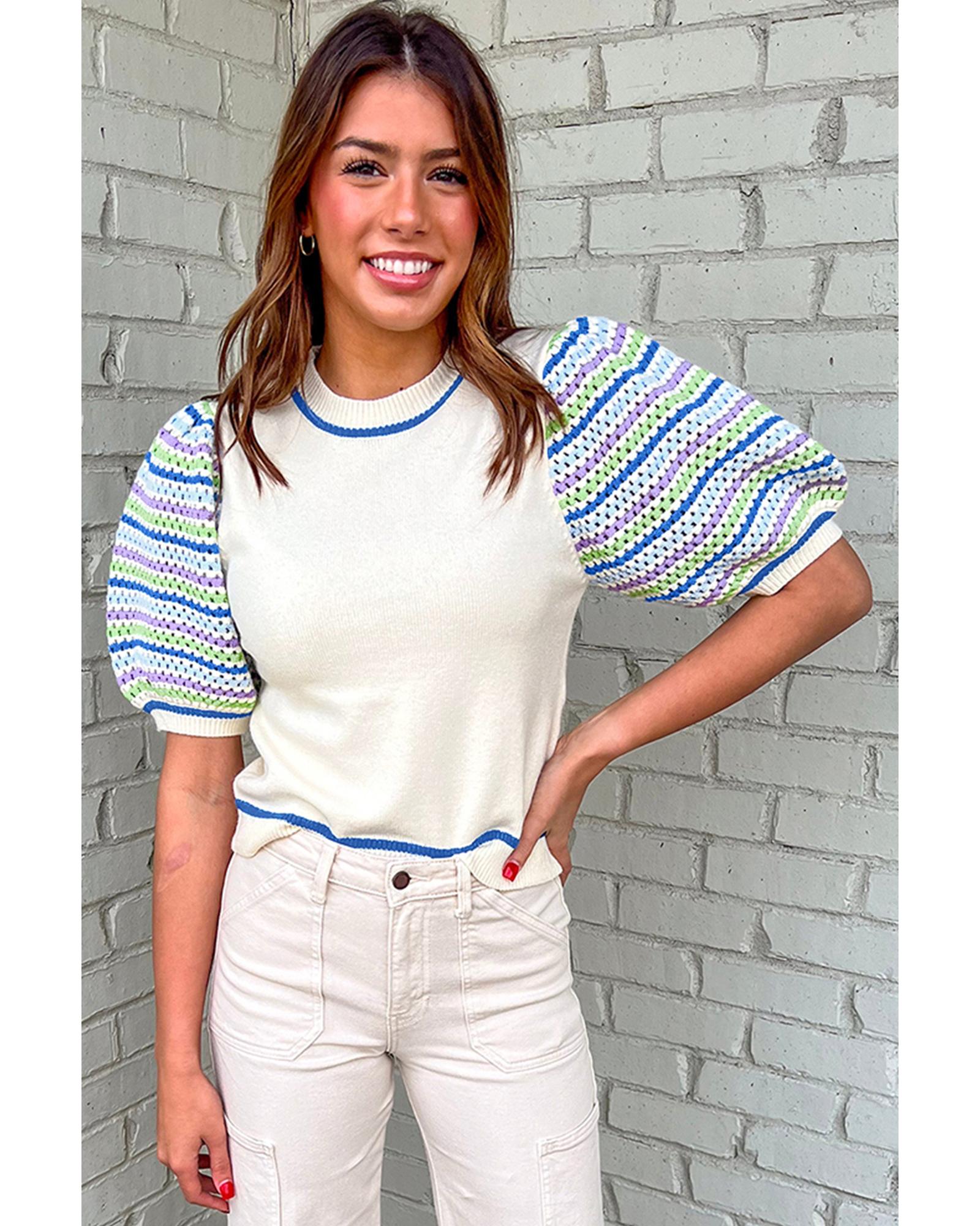 V539-AZEXDC2724778-P120-XL-202508281355-00 White Crochet Striped Bubble Sleeve Knit Sweater - XL - Image 1