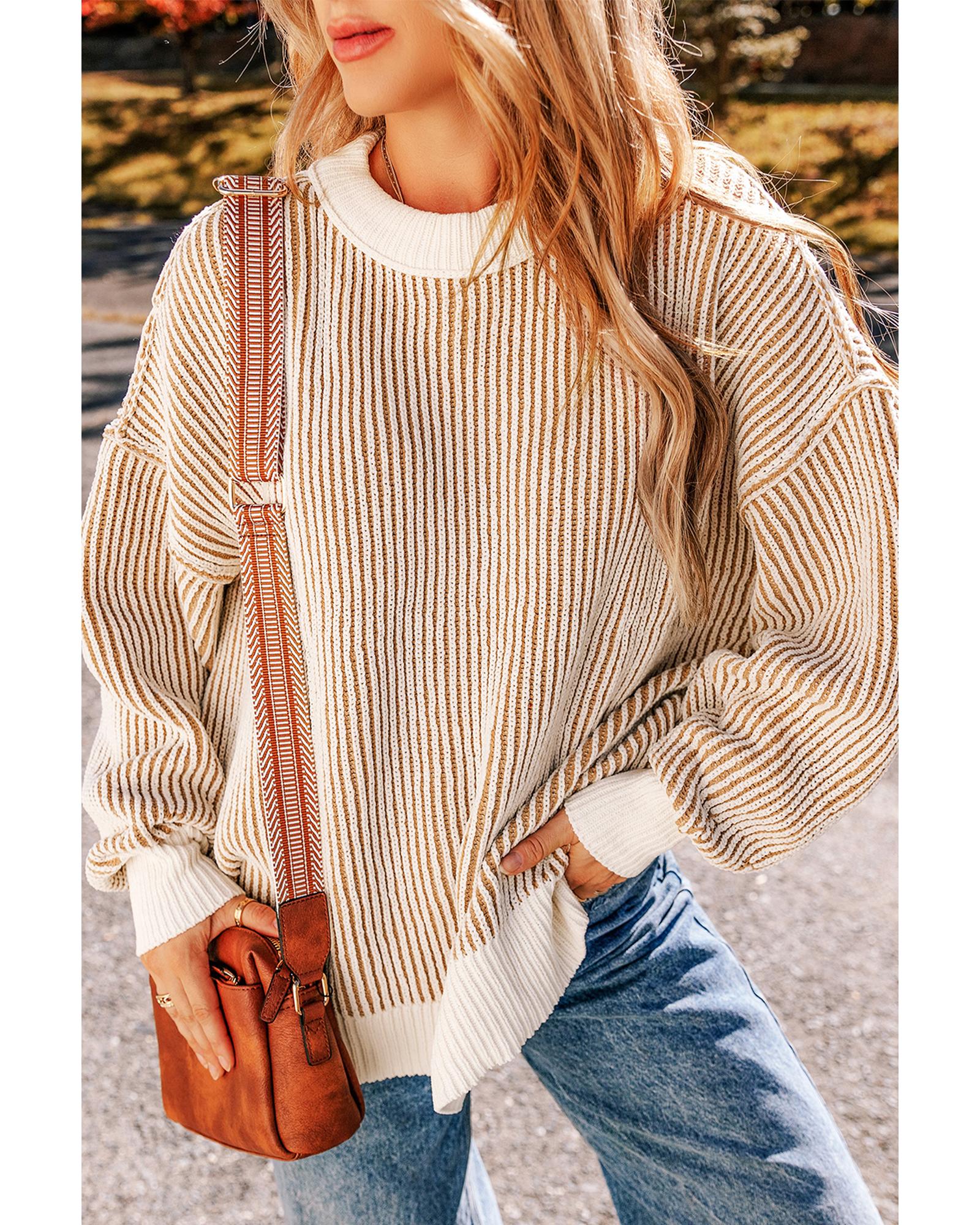 V539-AZEXDC2724800-P2017-XL-202508291415-00 Chestnut Striped Textured Knit Contrast Edge Loose Sweater - XL - Image 1
