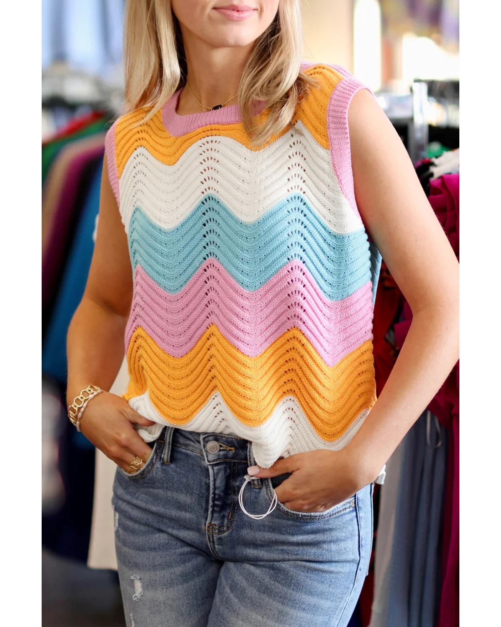 V539-AZEXDC2724814-P22-XL-202508300555-00 Multicolour Striped Colorblock Scalloped Hem Knitted Vest - XL - Image 1