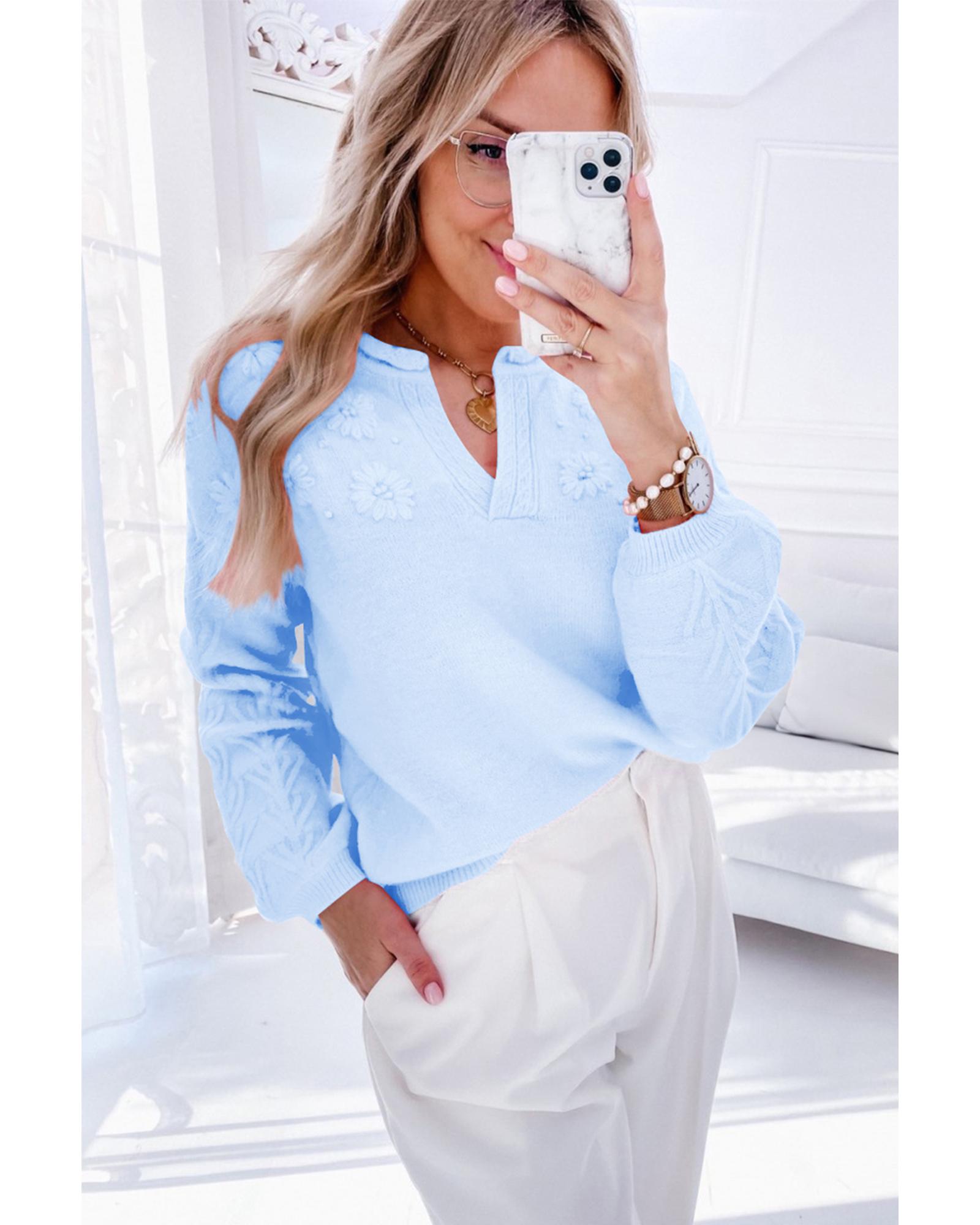 V539-AZEXDC2724822-P804-M-202508282125-00 Beau Blue Flower Detail Knitted Notched Neck Sweater - M - Image 1