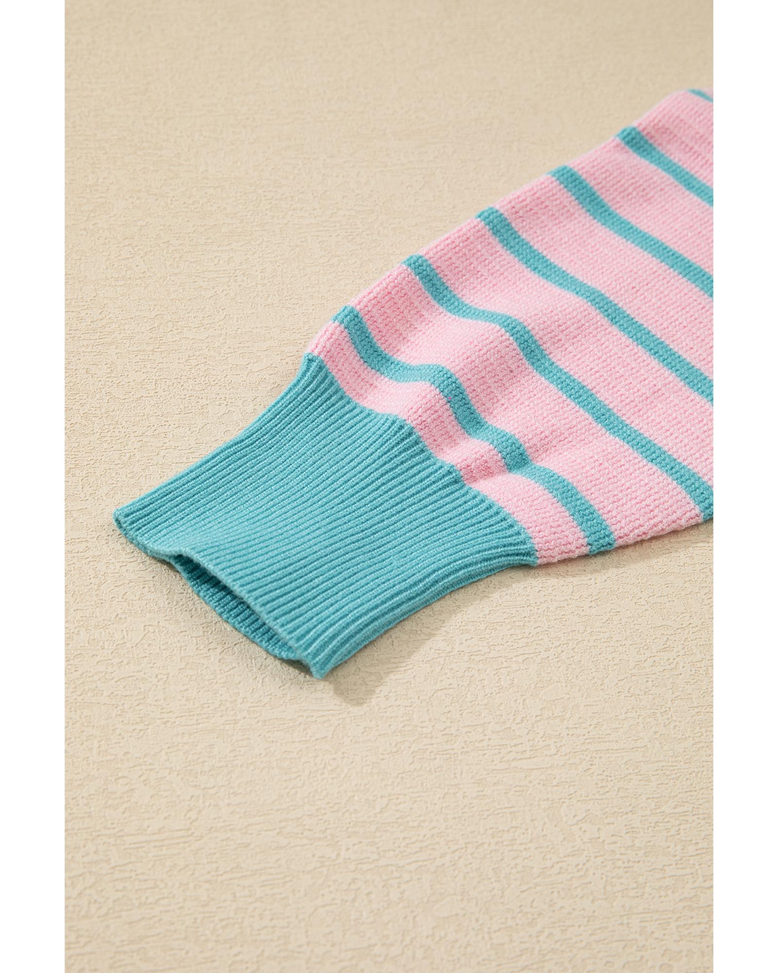 V539-AZEXDC2724825-P1019-L-202508291945-00 Pink Stripe Trimmed Round Neck Drop Shoulder Loose Sweater - L - Image 1