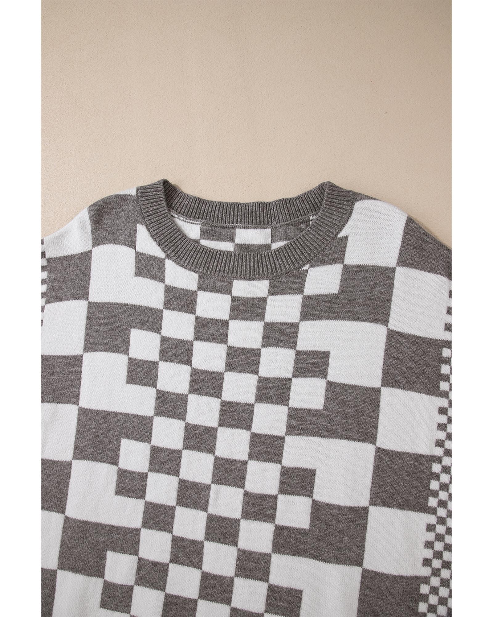 V539-AZEXDC2724831-P1122-S-202506132227-00 Gray Checkered Print Drop Shoulder Round Neck Sweater - S - Image 1