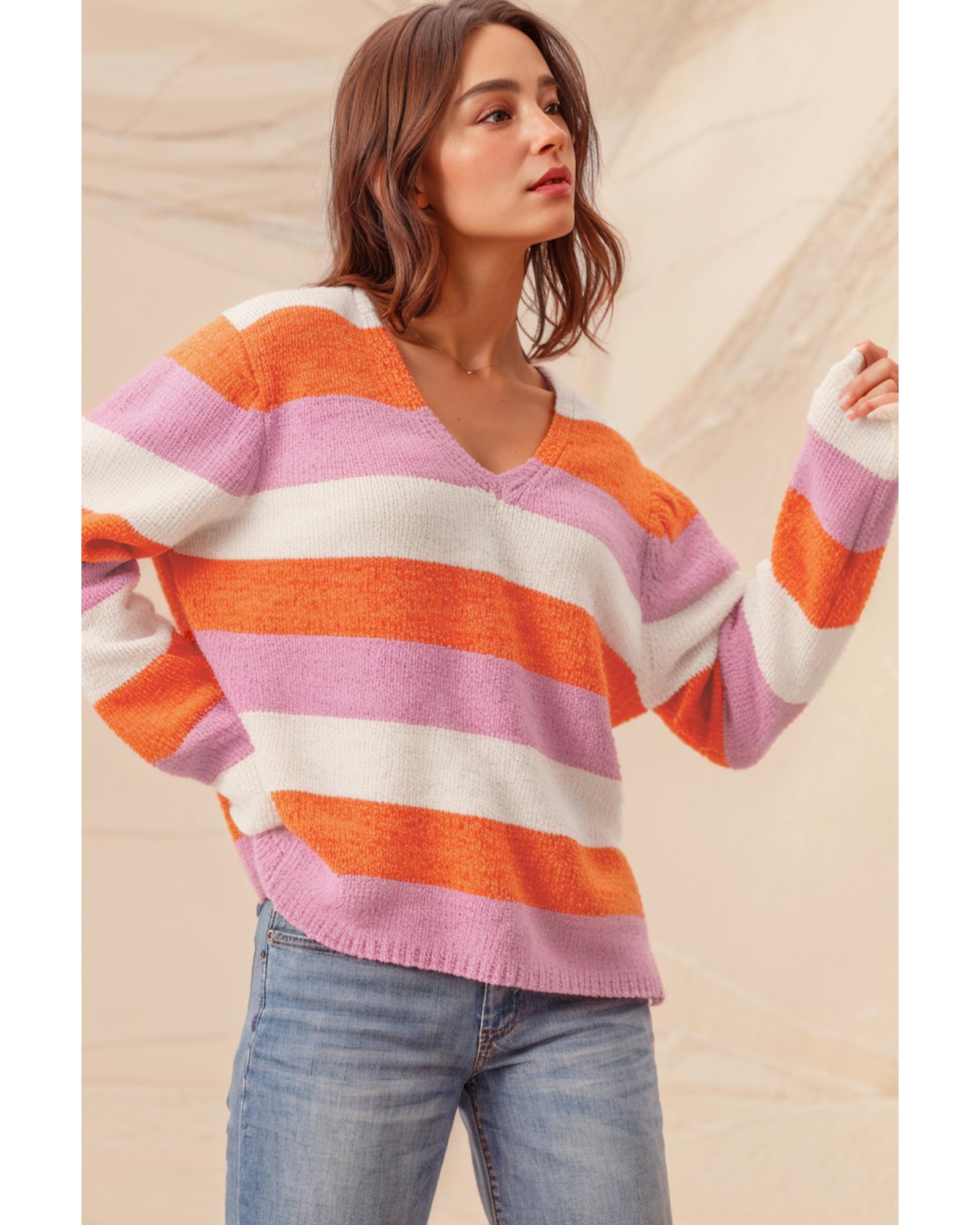 V539-AZEXDC2724855-P1419-S-202506132236-00 Orange Stripe Colorblock V Neck Casual Sweater - S - Image 1