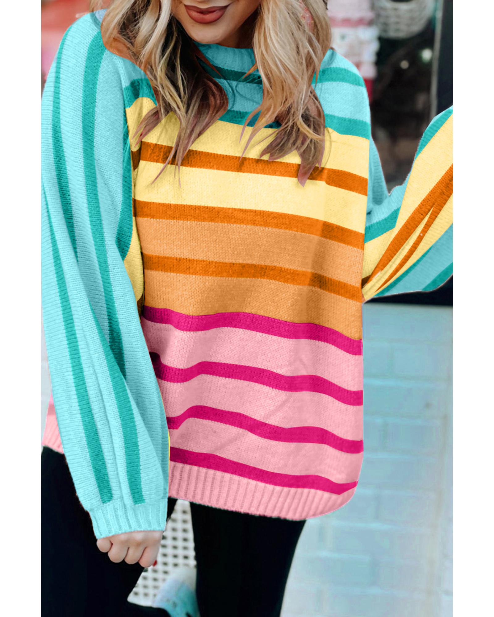 V539-AZEXDC2724871-P719-S-202506191754-00 Yellow Stripe Gradient Striped Ribbed Edge Loose Sweater - S - Image 1