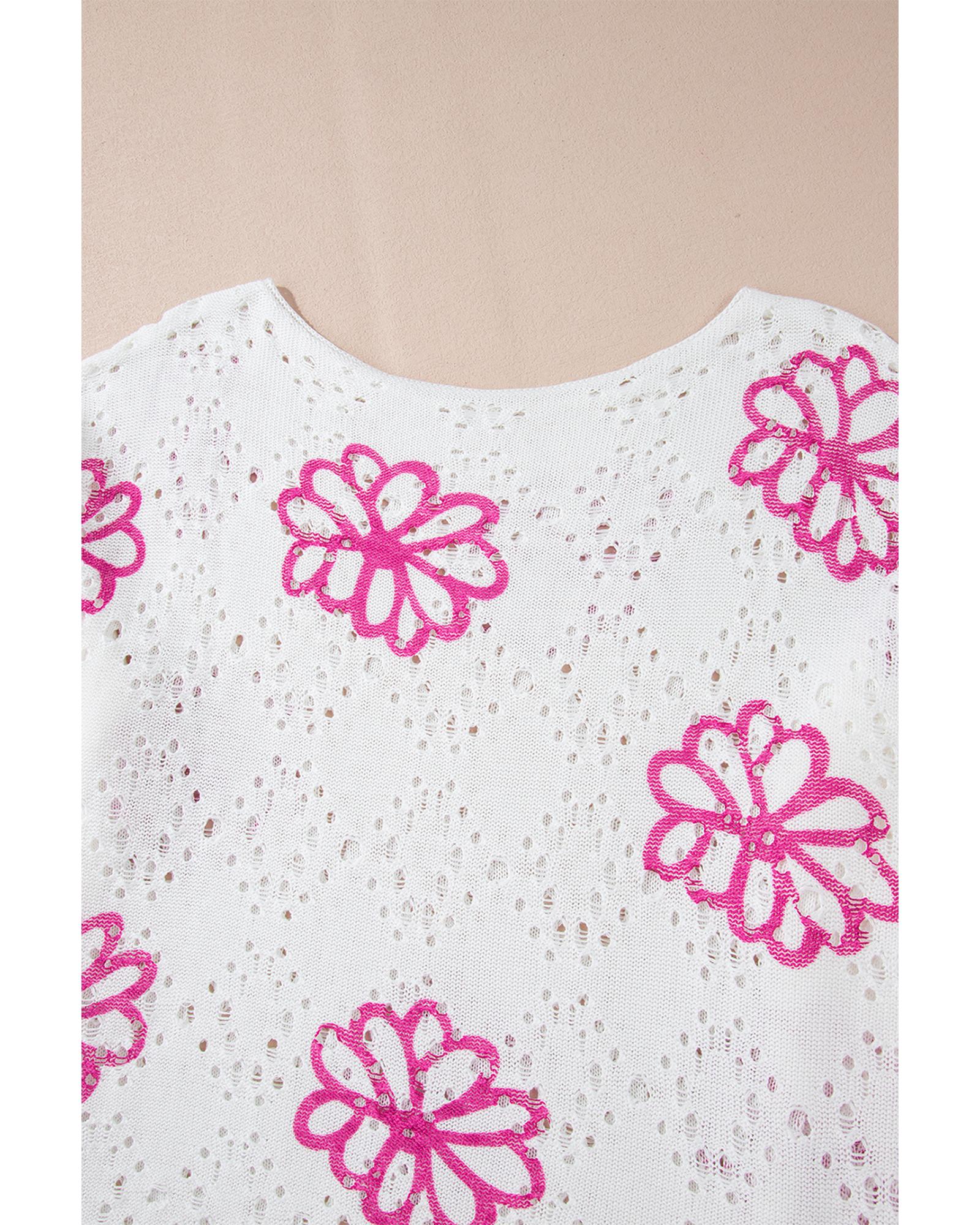 V539-AZEXDC2724901-P1-M-202508292235-00 White Contrast Flower Print Eyelet Drop Shoulder Sweater - M - Image 1