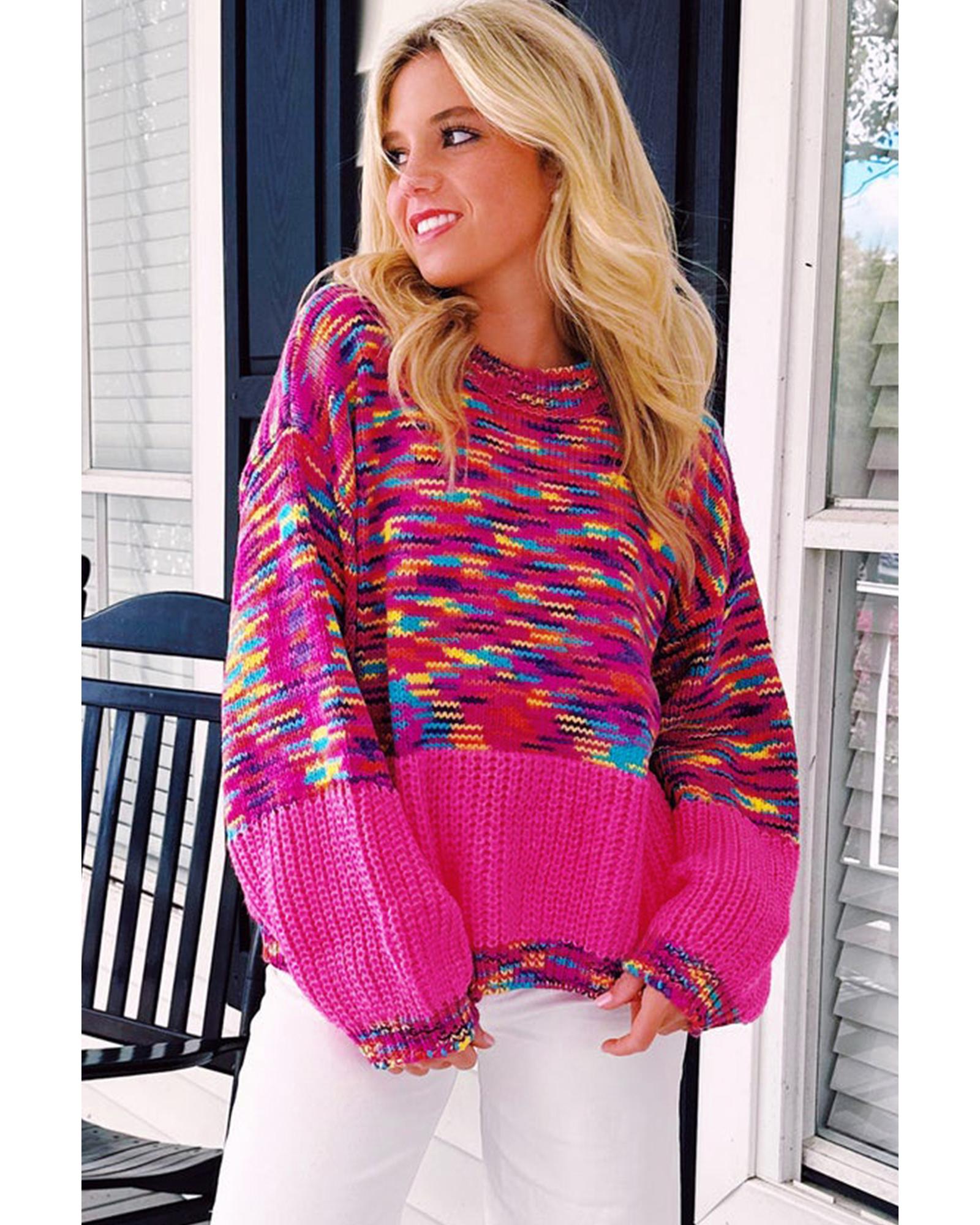 V539-AZEXDC2724981-P106-XL-202508291245-00 Bright Pink Rainbow Confetti Drop Shoulder Sweater - XL - Image 1