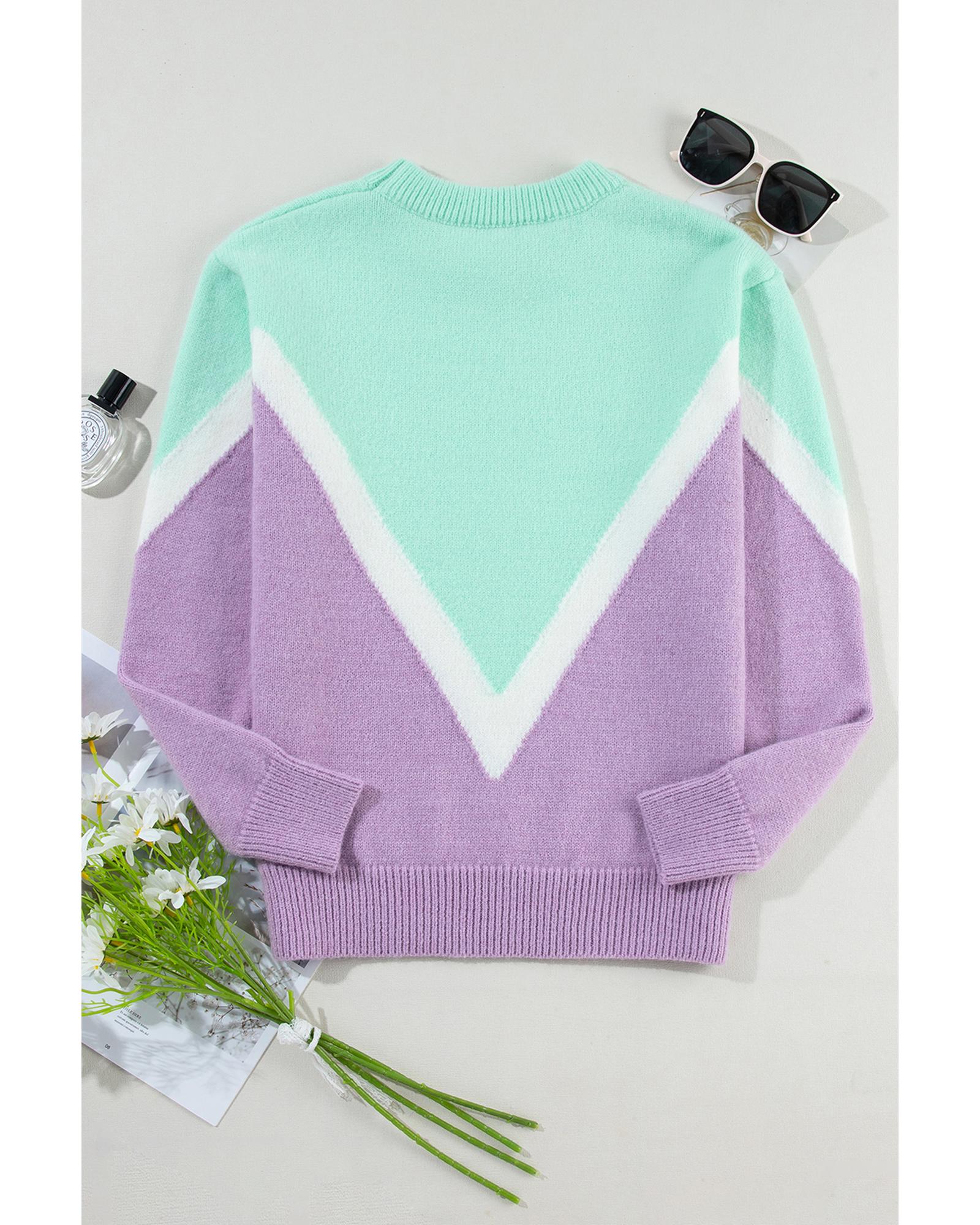 V539-AZEXDC2725002-P922-M-202508280930-00 Green Chevron Colorblock Ribbed Knit Drop Shoulder Sweater - M - Image 1