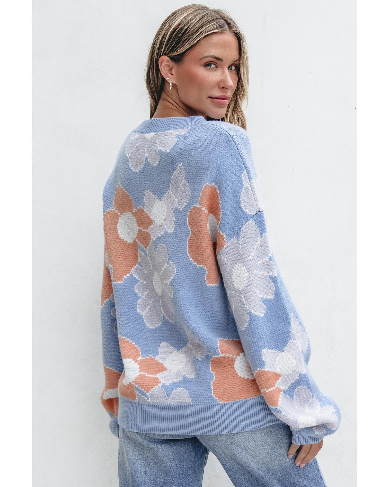 V539-AZEXDC2725031-P804-M-202508290130-00 Beau Blue Floral O Neck Drop Shoulder Knitted Sweater - M - Image 1