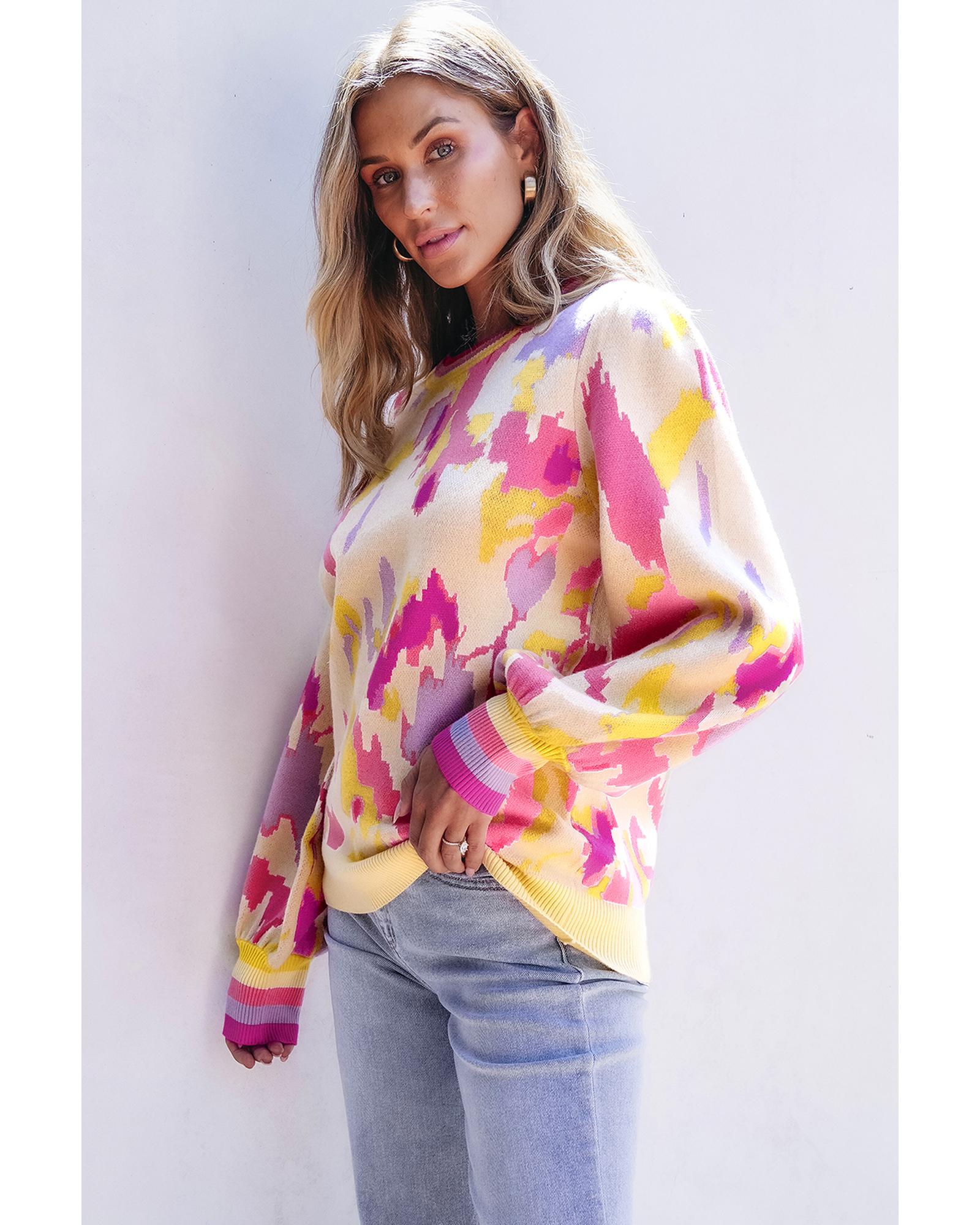 V539-AZEXDC2725085-P1622-L-202508281925-00 Khaki Abstract Print Colorblock Balloon Sleeve Sweater - L - Image 1