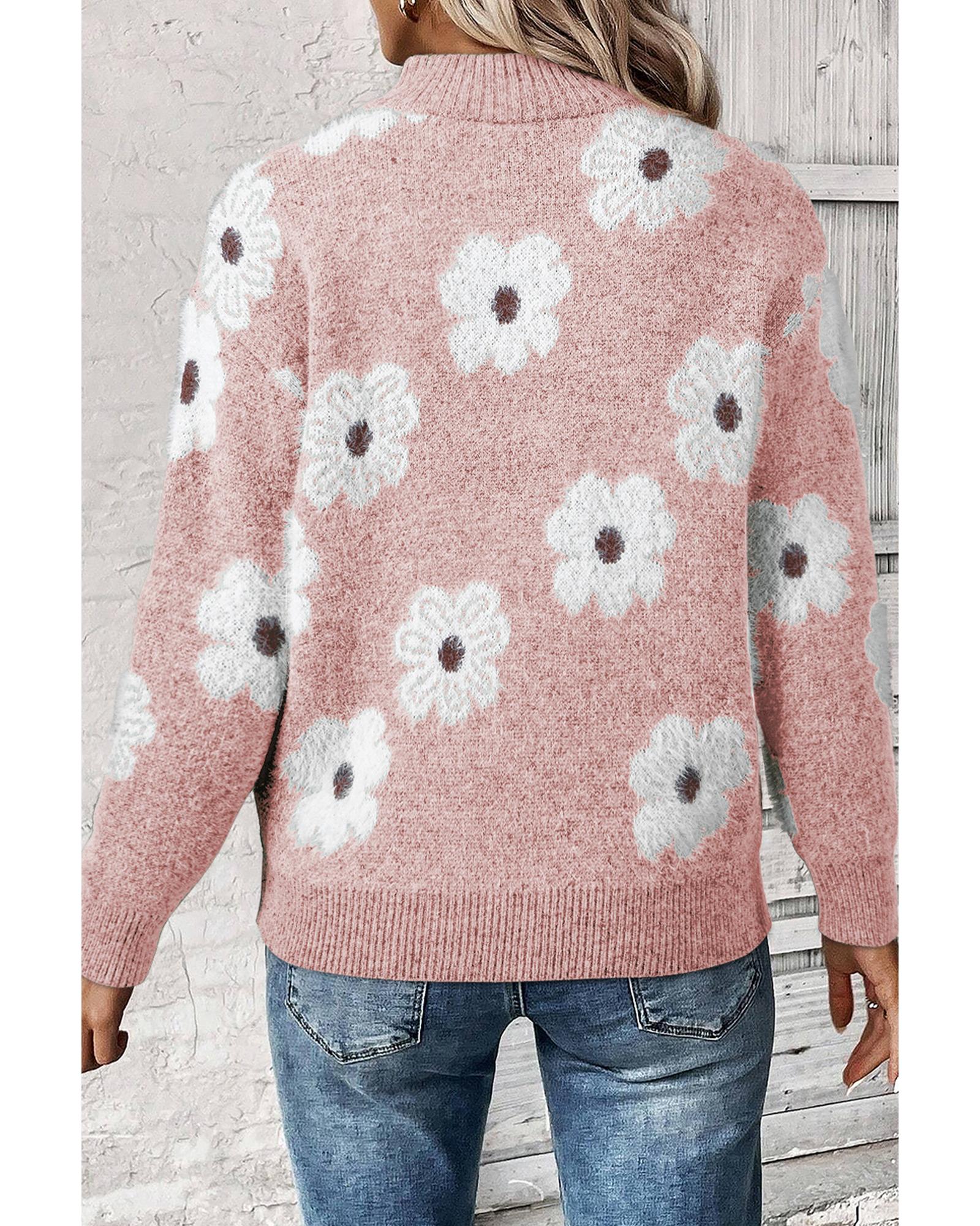 V539-AZEXDC2725102-P1022-M-202508300155-00 Pink Floral Pattern Half Zip Drop Shoulder Sweater - M - Image 1
