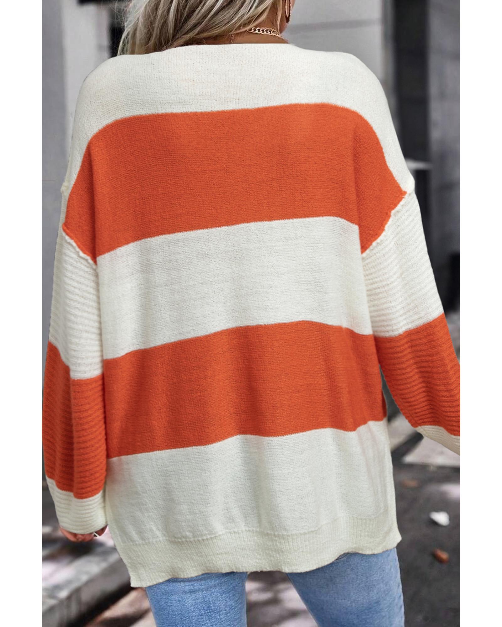 V539-AZEXDC2725109-P1419-S-202506140042-00 Orange Stripe Loose Color Block Drop Shoulder Bubble Sleeve Sweater - S - Image 1
