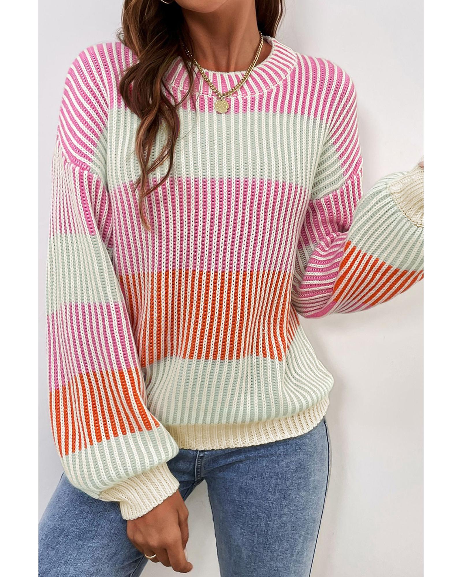 V539-AZEXDC2725196-P1022-XL-202508292210-00 Pink Colorblock Textured Knit Bubble Sleeve Sweater - XL - Image 1