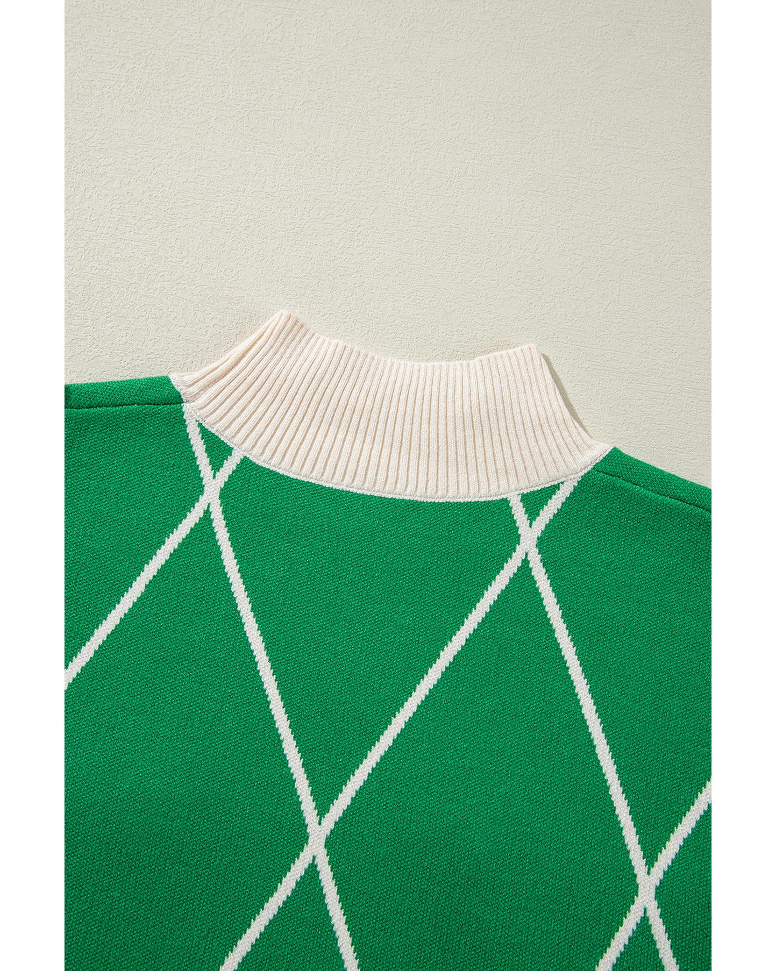 V539-AZEXDC2725239-P209-XL-202508280405-00 Dark Green Diamond Pattern Pom Accents Contrast Trim High Neck Sweater - XL - Image 1