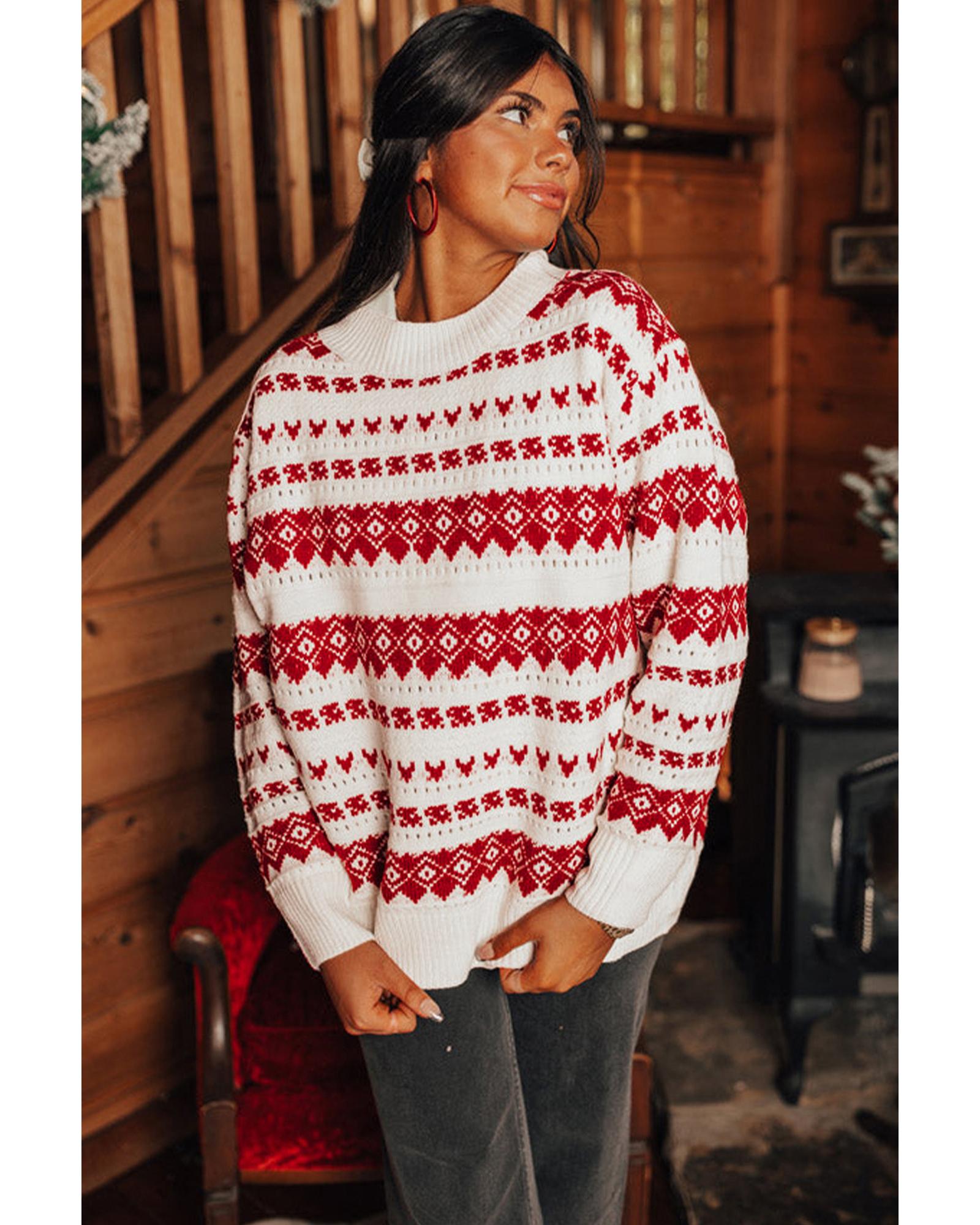 V539-AZEXDC2725240-P122-M-202508280725-00 White Western Geometric Patterned Crew Neck Loose Sweater - M - Image 1