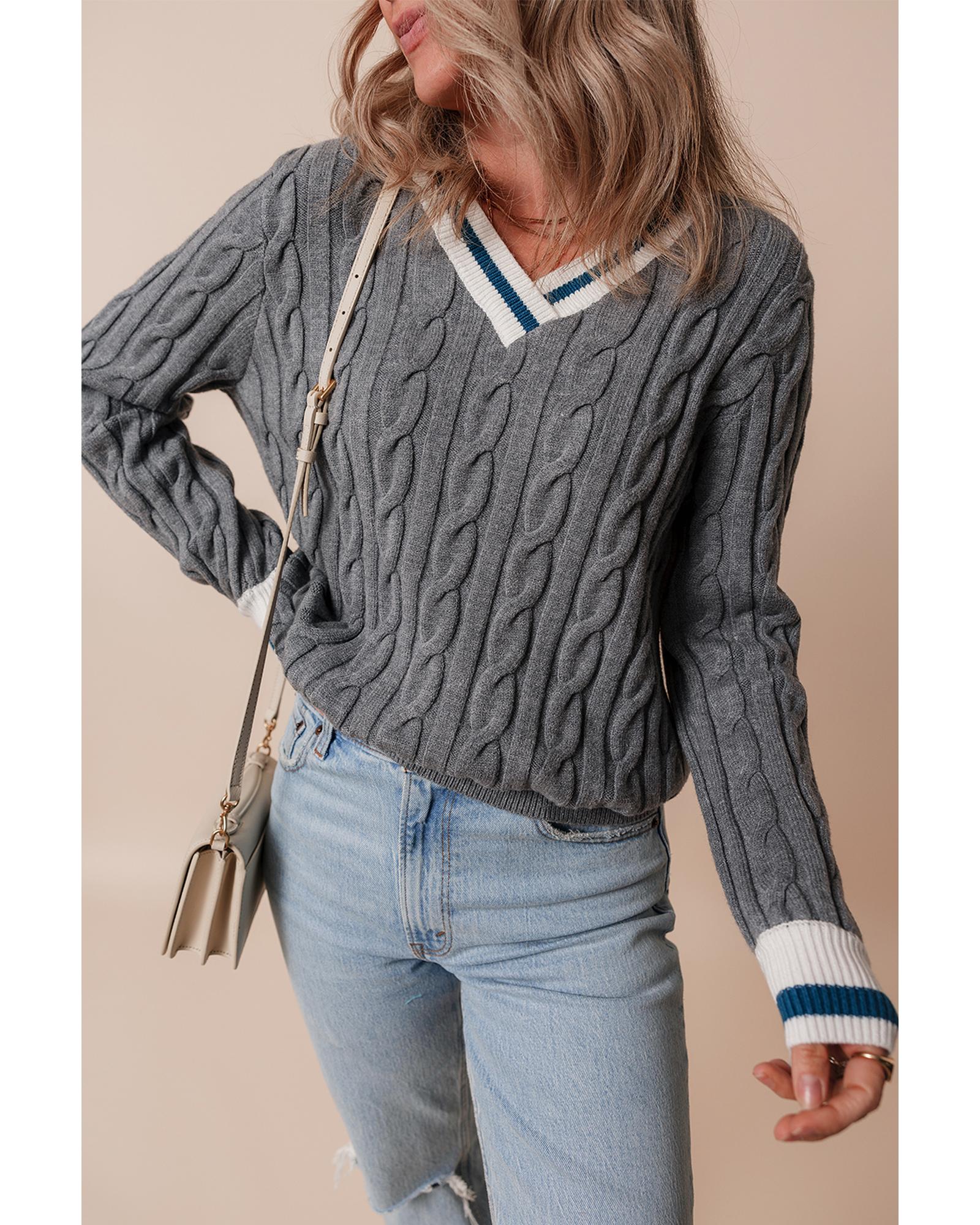V539-AZEXDC2725307-P3011-L-202508282055-00 Medium Grey Color Contrast Ribbed Edge Cable Knit V Neck Sweater - L - Image 1