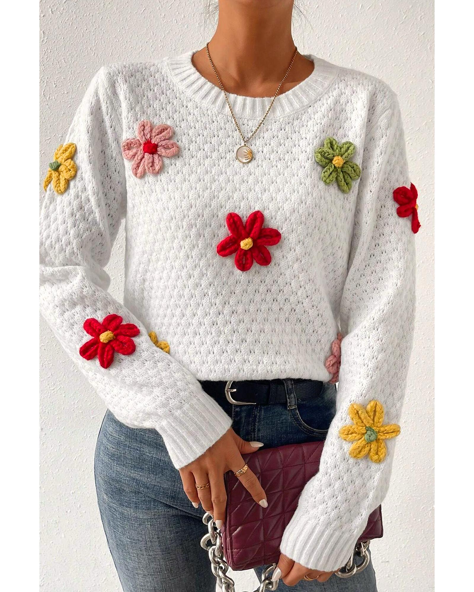 V539-AZEXDC2725378-P1-S-202506140220-00 White Colorful Flower Applique Textured Knit Sweater - S - Image 1