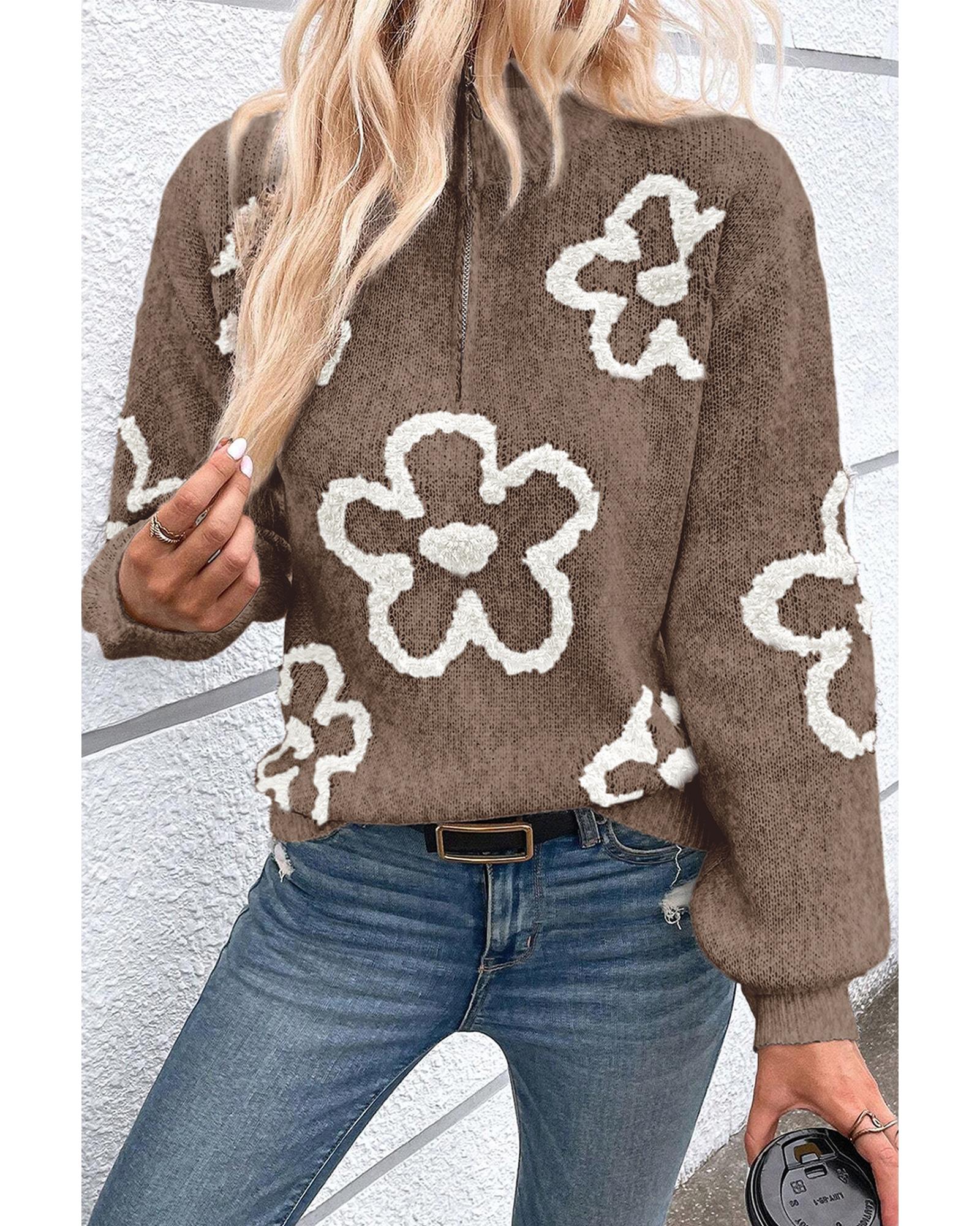 V539-AZEXDC2725387-P6016-L-202508281330-00 Parchment Contrast Flower Half Zipper Stand Neck Sweater - L - Image 1