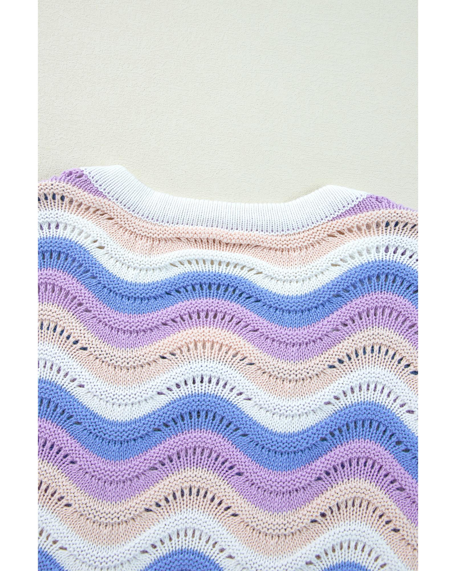 V539-AZEXDC2725407-P819-XL-202508290050-00 Purple Stripe Wavy Pointelle Knit Drop Shoulder Sweater - XL - Image 1