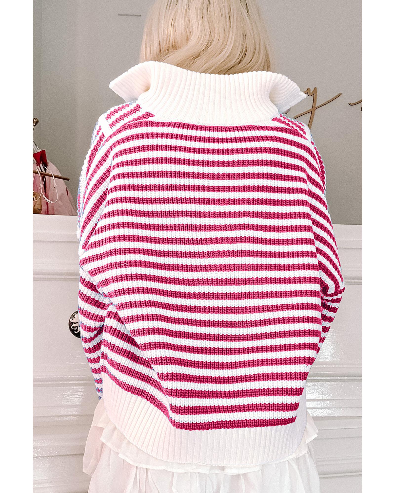V539-AZEXDC2725432-P1019-XL-202508292325-00 Pink Stripe Zip up Collar Drop Shoulder Sweater - XL - Image 1