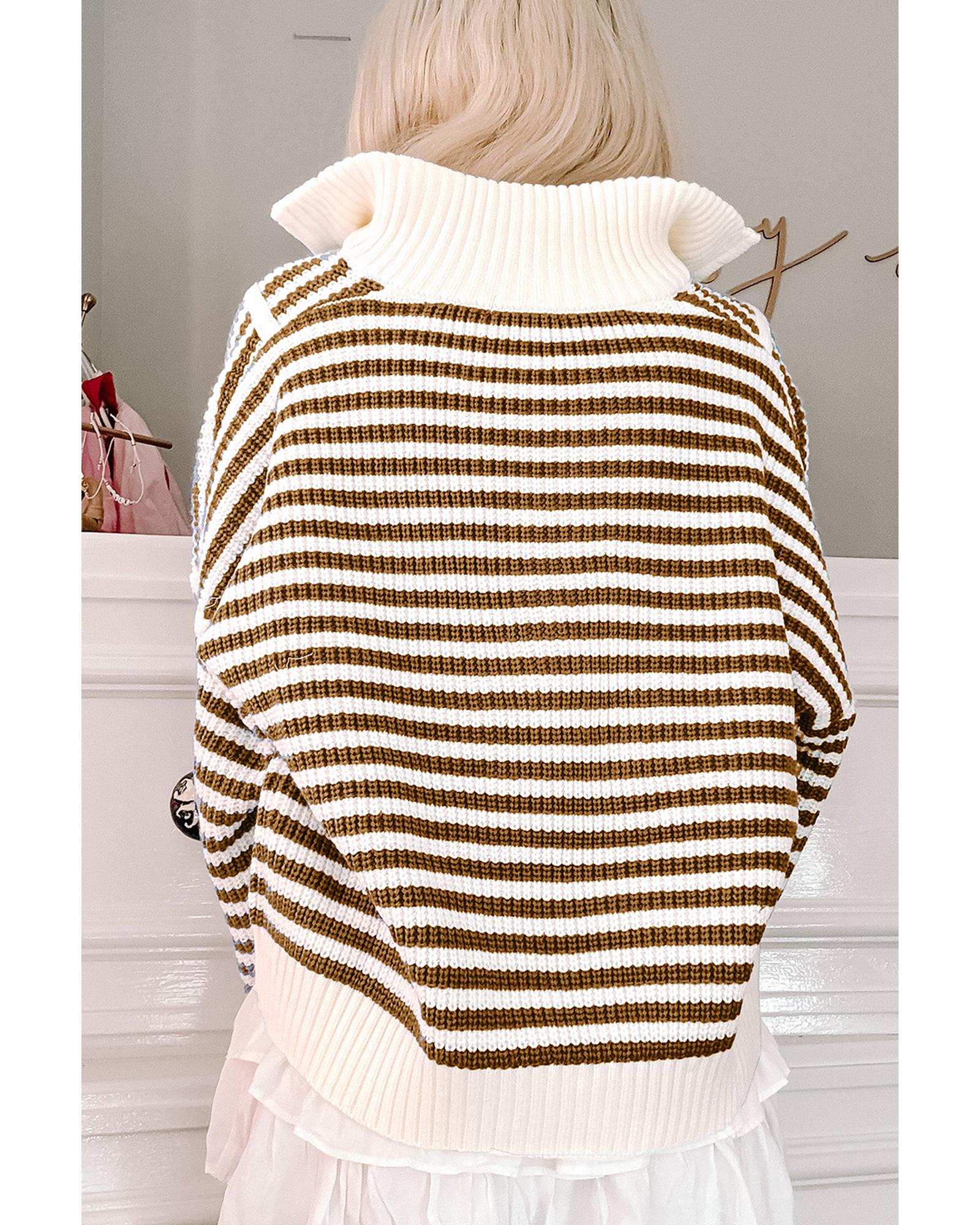 V539-AZEXDC2725432-P1619-M-202506132217-00 Khaki Stripe Zip up Collar Drop Shoulder Sweater - M - Image 1