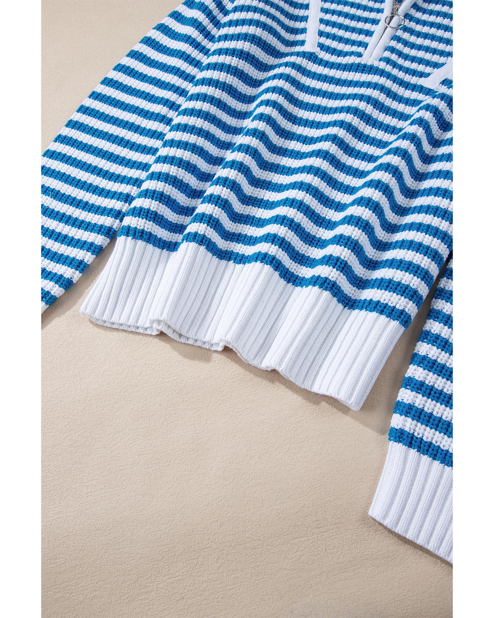 V539-AZEXDC2725432-P419-S-202506132225-00 Sky Blue Stripe Zip up Collar Drop Shoulder Sweater - S - Image 1