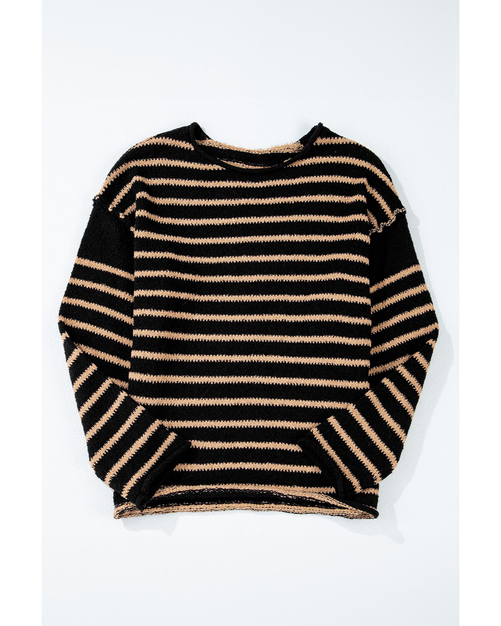 V539-AZEXDC2725461-P219-L-202508300625-00 Black Stripe Drop Shoulder Round Neck Loose Sweater - L - Image 1