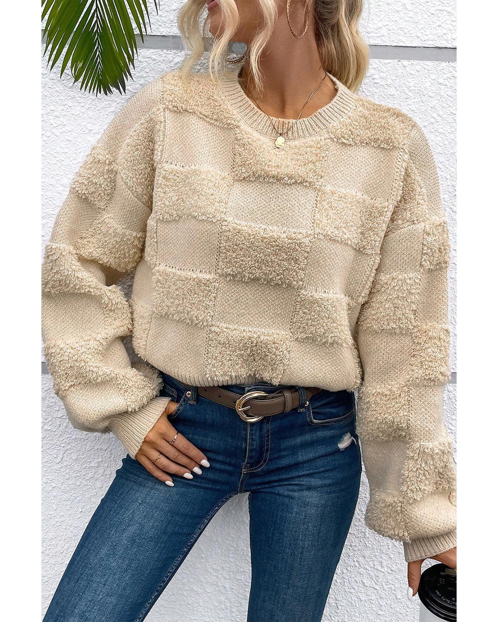 V539-AZEXDC2725469-P6016-L-202508281340-00 Parchment Checkered Sherpa Crew Neck Loose Sweater - L - Image 1
