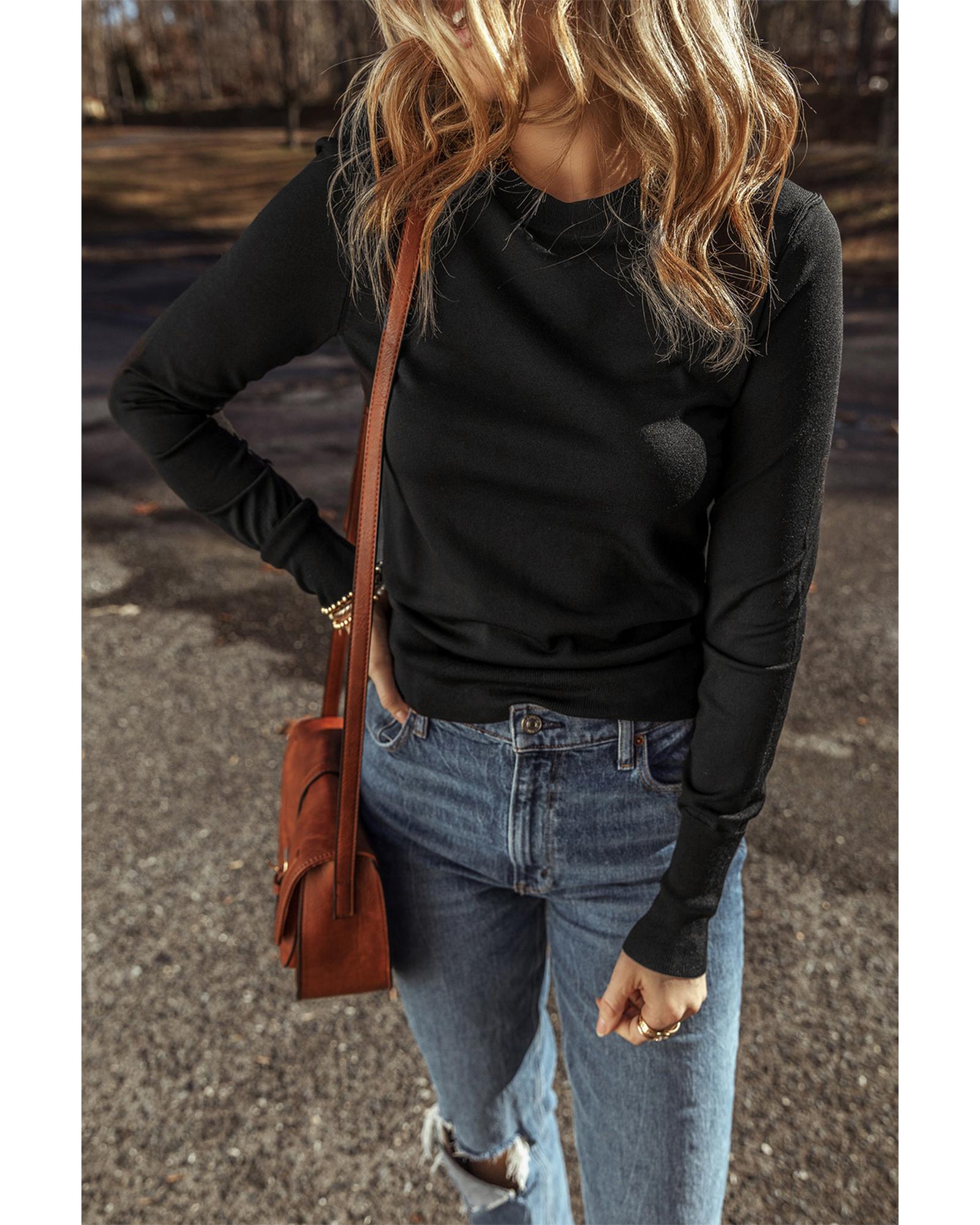 V539-AZEXDC2725474-P2-XL-202508291705-00 Black Solid Color Slim Fit Lightweight Crew Neck Sweater - XL - Image 1