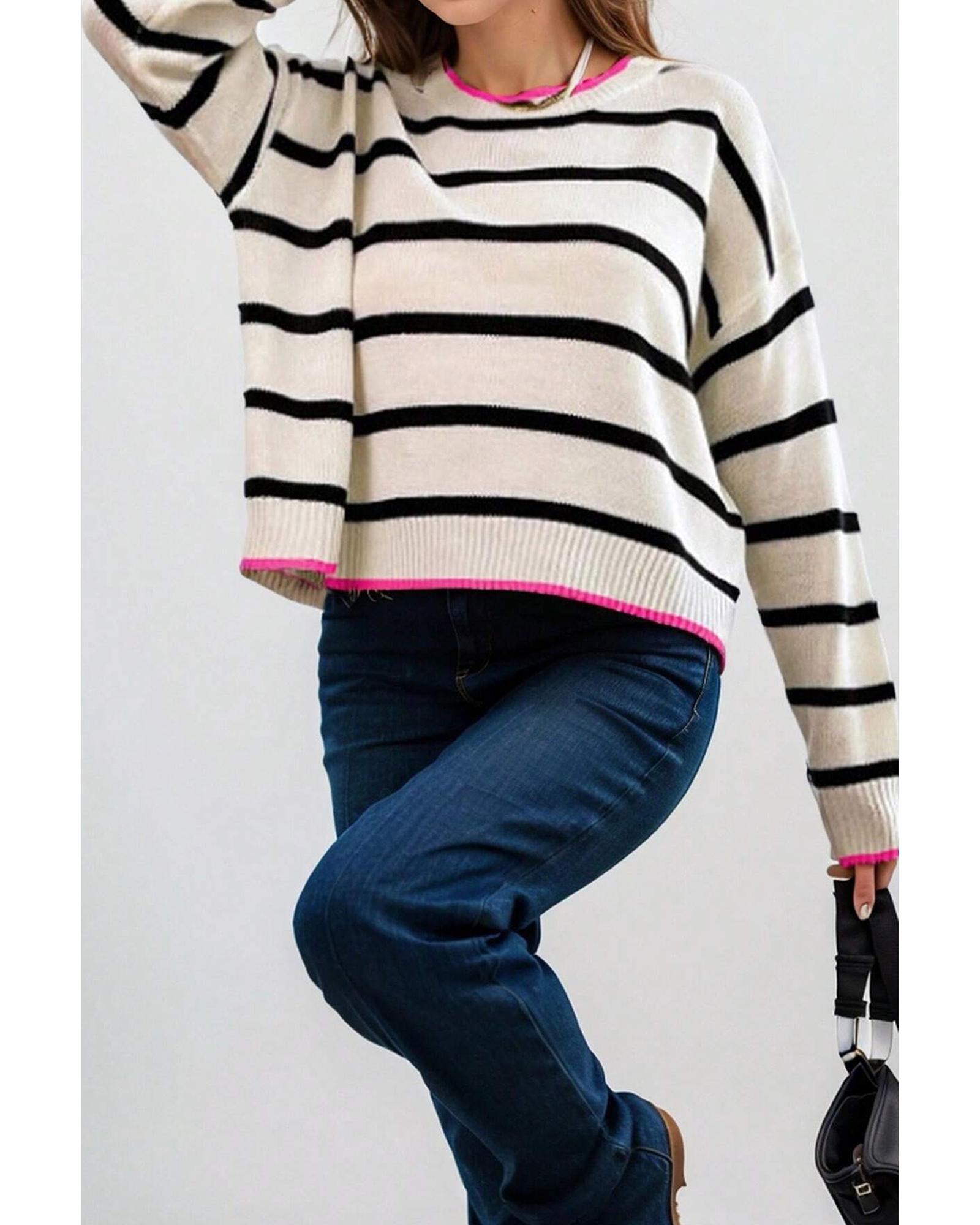 V539-AZEXDC2725510-P119-L-202508300225-00 White Stripe Color Contrast Drop Shoulder Crew Neck Sweater - L - Image 1