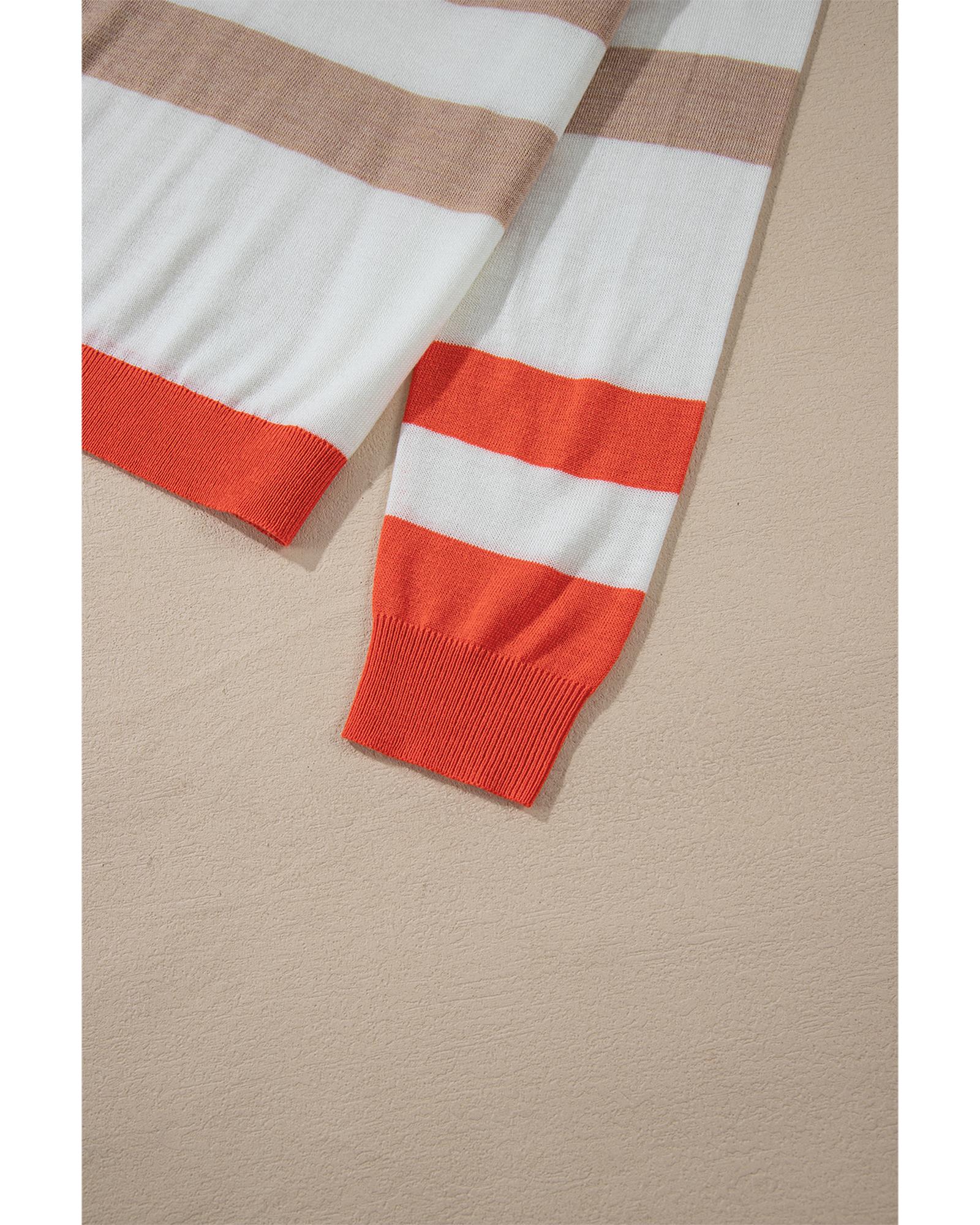 V539-AZEXDC2725525-P1822-M-202508290130-00 Apricot Colorblock Striped Round Neck Drop Shoulder Sweater - M - Image 1