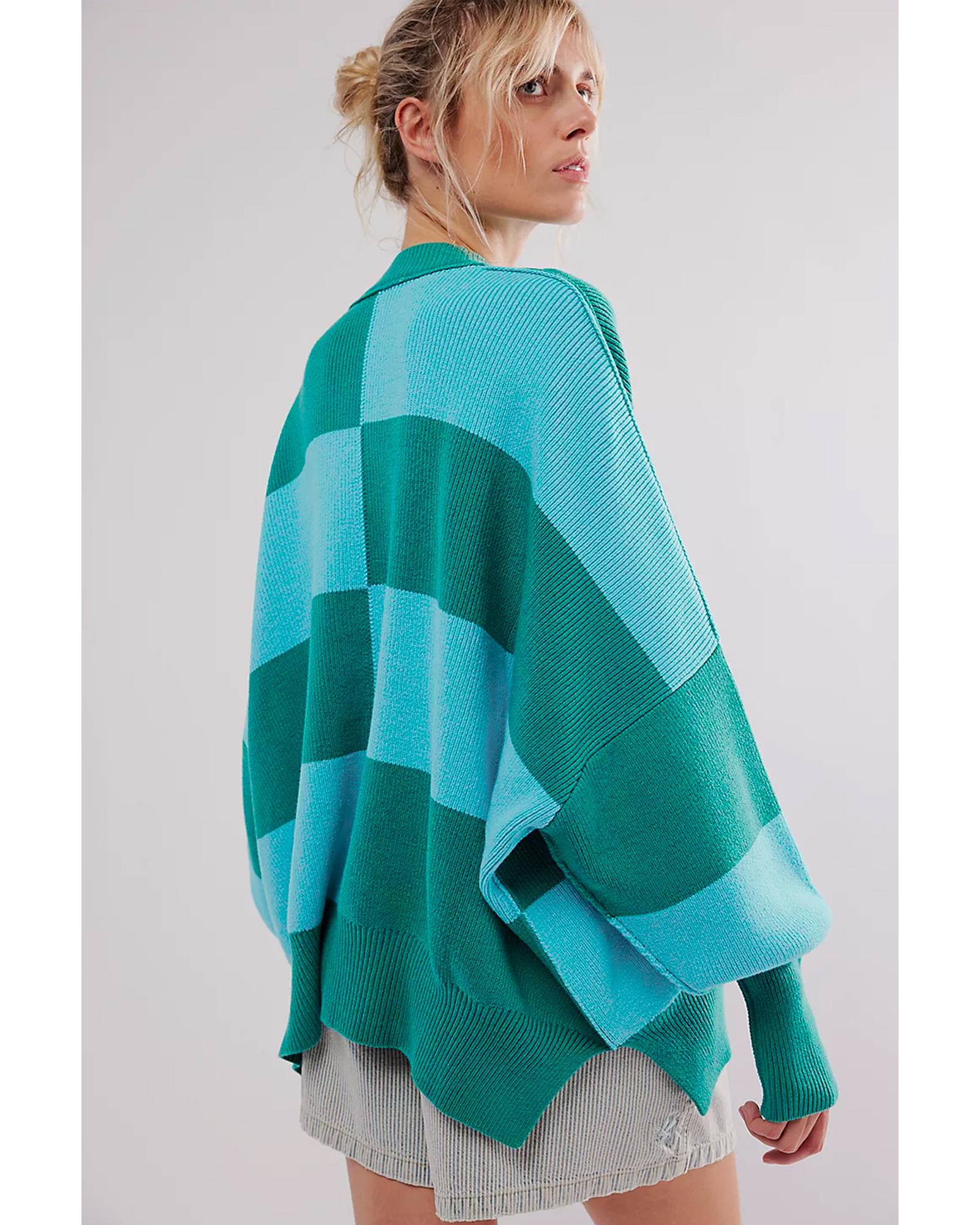 V539-AZEXDC2725651-P922-L-202508300130-00 Green Checkered Side Slits Drop Shoulder Oversized Sweater - L - Image 1