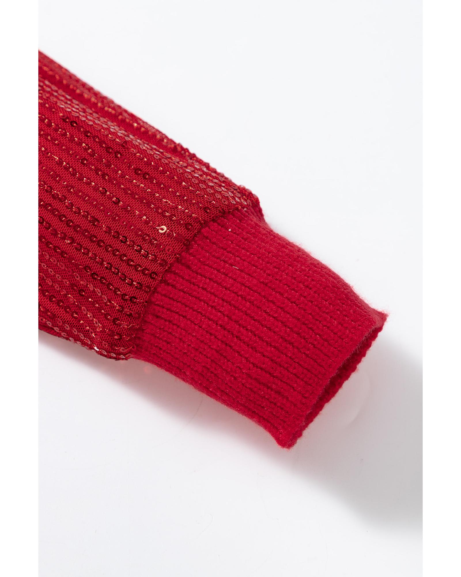 V539-AZEXDC2725705-P603-M-202508292325-00 Racing Red Merry Graphic Sequin Sleeve Turtleneck Sweater - M - Image 1